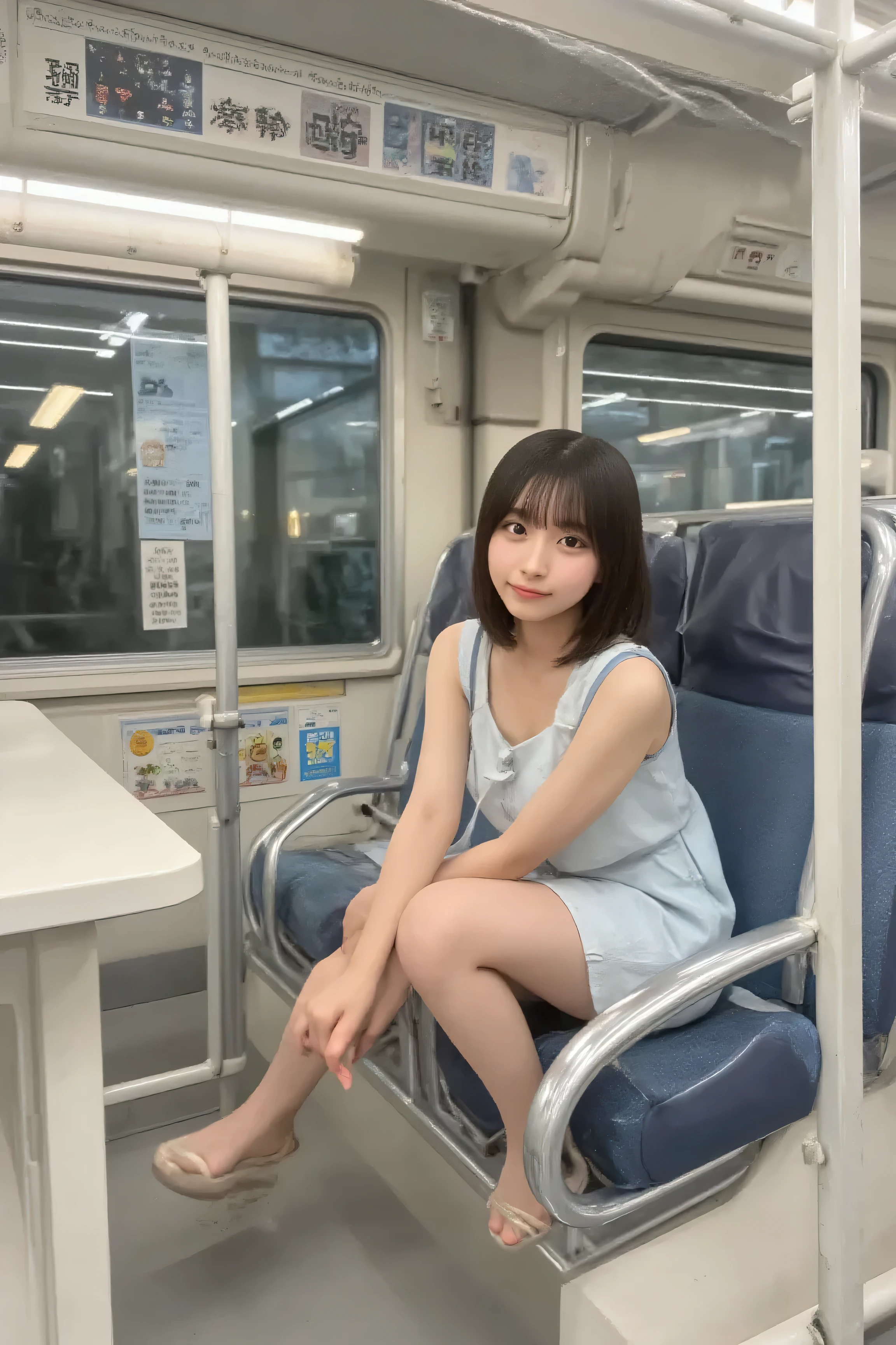 one japanese woman,(masterpiece, Highest quality, 8K, RAW Photos, beautifully、aesthetic:1.2),  Intricate details, indirect lighting, Realistic,(Realistic:1.4), (Exact Reproduction: 1.4), Medium Breasts, Facial Detail, Fine Eyes,small face,natural makeup,black eyes,

camisole,

smile, complicated details,  indirect lighting,  is present, whole body,  sitting on a train chair 、 Stares at the audience 、Peeking、 ( is present:1.4), ( Accurate Reproduction : 1.4), miniskirt length ,  (((open legs:1.3))),