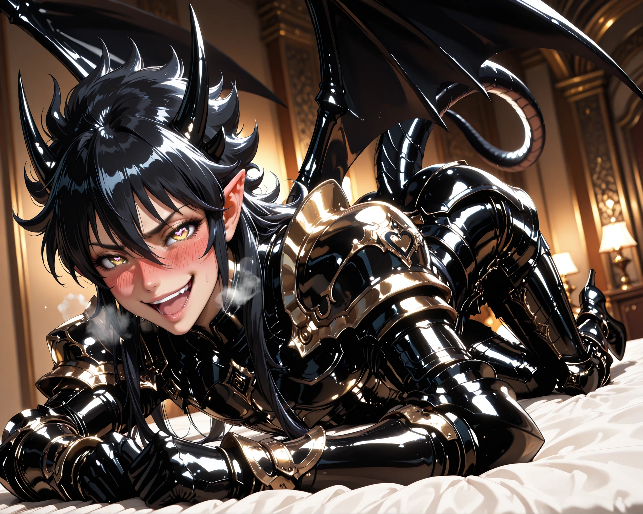 score_9, score_8_up, score_7_up, absurdres, (((128K Ultra High Resolution))), (masterpiece, best quality: 1. 5), (high definition: 1. 4), (highres), 8K wallpaper, (excellent graphics: 1. 5), CG, (((Japanese Anime style))), ((Black Saint Seiya)), (1 male), (solo), (((lean body, masculine))), weredragon, glossy black, shiny black leather, (((beautiful golden eyes, finely detailed eyes, bright eyes, heart symbol eyes))), hair between eyes, black hair, long hair, sideburns, wild hair, (((sadistic smile, naughty face, open mouth))), ((ultra detailed face)), (((blushing, heavy breathing))), shiny skin, long pointy ears, twisted torso, long-legged, sculpted face, wasp waist, dragon horn, dragon tail, dragon wings, dragon sharp claws, (black armor with a lot of grandiose decorations: 1. 5), half dragon half human, (on a luxurious bed, lying on stomach with buttocks up, bed waiting for you: 1. 5), (foreshortening, looking straight into the camera, dutch angle, dynamic pose: 1. 5), (ultra detailed black armor, well-polished black armor: 1. 5), (gold-adorned armor: 1. 5), all black outfit, full body, good-looking man, (best illustration, highly detailed artwork: 1. 5), (intricate detail, extreme detailed, super detailed: 1. 5), (stark contrast, heavy shadows: 1. 3), ((detailed black decorations)), beautiful & aesthetic, photoreal, (from the back), (mysteriously crafted black metal armor: 1. 5), thick & luxuriant hair, (ultra detailed fantasy black armor, wonderful black armor: 1. 5), (realistic metal texture), broad shoulder, true-to-life visuals, (extremely delicate & beautiful armor, elaborate armor details: 1. 5), (giant black armor, dark armor, stylized armor: 1. 5), (((armor-type high heels))), (extremely detailed armor with intricate engravings, intricate armor with gold ornaments: 1. 5), (very gorgeous and dazzling), (dark fantasy black knight: 1. 5), slim waistlines, wide chested, sinewy body, (Hyper Detailed & Perfectly Designed Black Armor: 1. 5), (luxury bedroom)