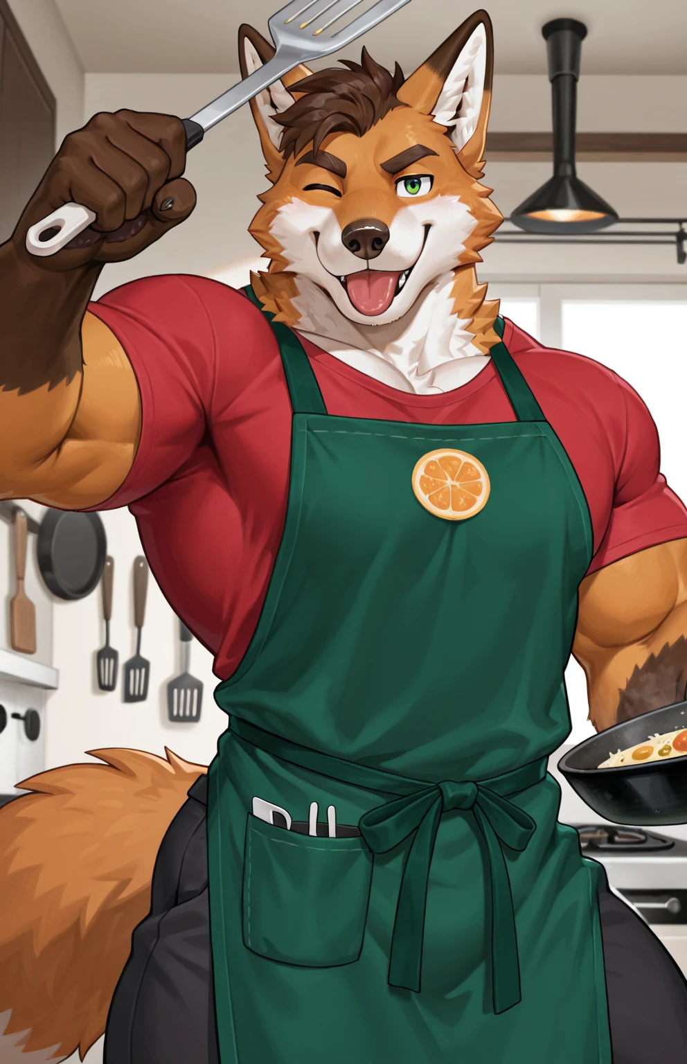 Solo, male (((raccoon, yellow sclera, black eyes, muscular, pecs, pink , brown hair, black tipped hair, multicolored hair, brown body, brown fur, stripes, stripped markings, tail, red beanie, big , big ))) standing, hand on hip, kitchen, Perfect , full body, by darkgem, by mystikfox61, by glitter trap boy