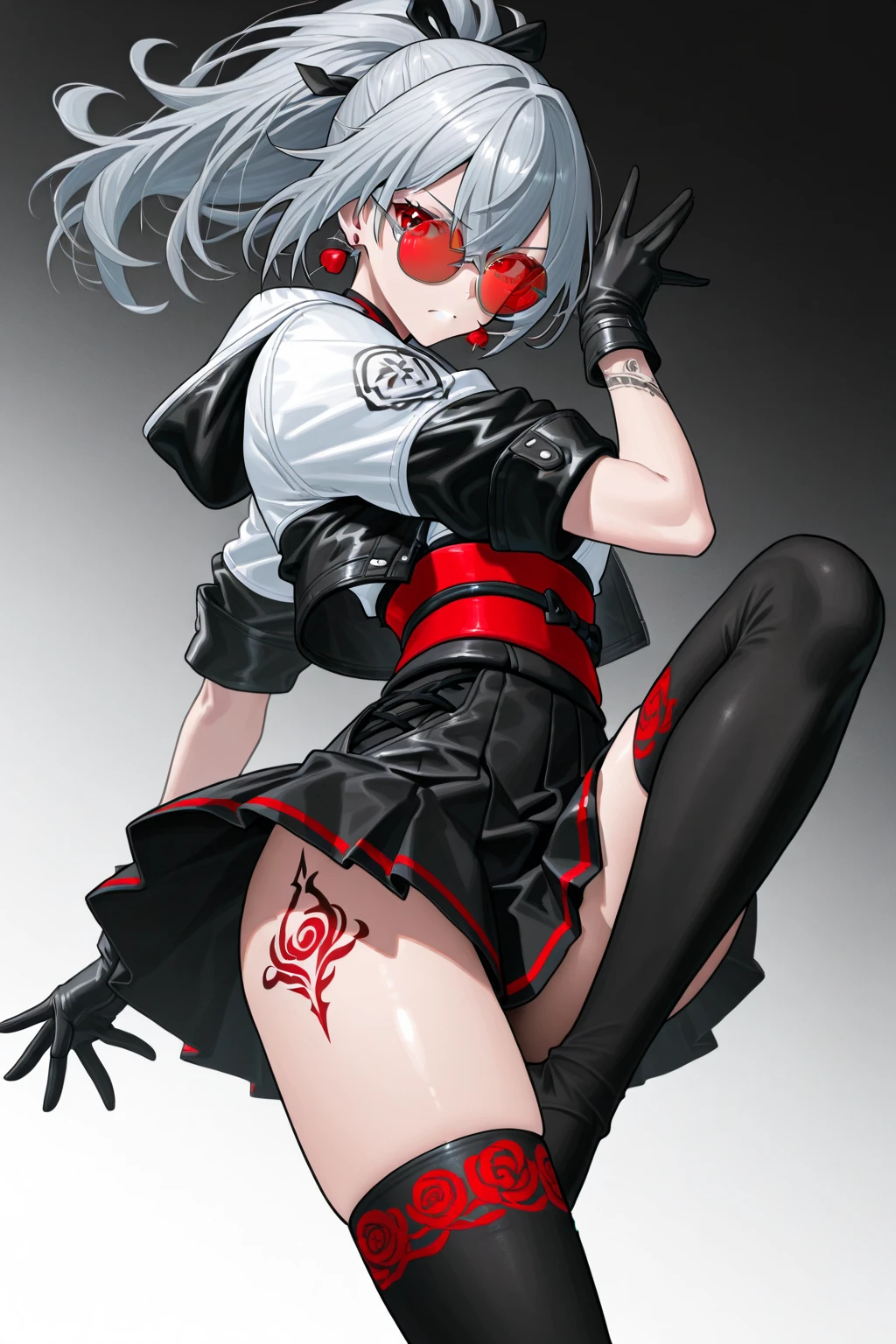 best quality, ultra-detailed, 1girl, solo, belorta, ???????, looking_at_viewer, blush, smile, short_hair, bangs, skirt, d, thighhighs, gloves, ????_shoulders, twintails, closed_mouth, ,yellow_eyes, pleated_skirt, boots, tongue, black_gloves, belt, black_thighhighs, miniskirt, tongue_out, fingerless_gloves, black_skirt, black_footwear, zettai_ryouiki, tattoo, (wariza:1.4) room, indoors, kneeling