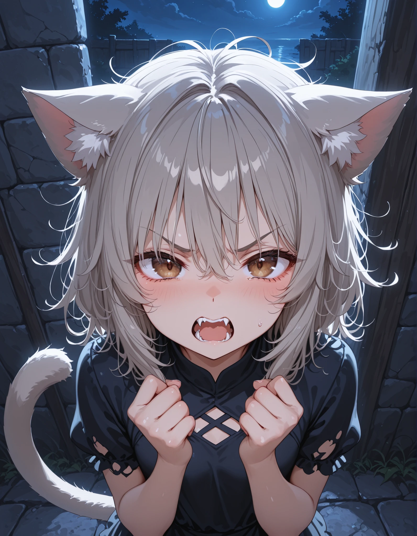 4ur4_illu,shiny,, 1girl, petite, (skinny and frail:0.7), cat girl, against wall, stone wall, brown eyes,looking at viewer, grey hair, medium hair, messy hair, angry, (scared:0.4), (open mouth:0.5), fangs, hands up, (tearing up:0.5), tail raised, torn clothes, straight-on, dark, night, outdoors, masterpiece,best quality, amazing quality,