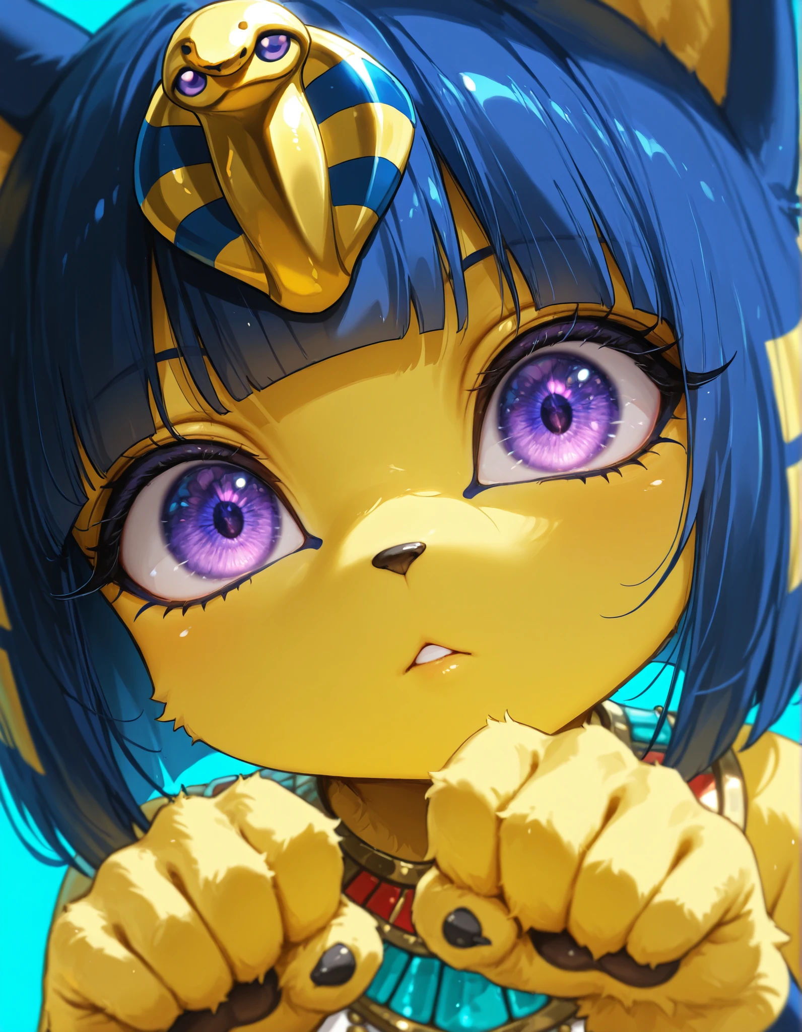 4ur4_illu,shiny,, depth of field, 1girl, furry, ankha \(animal crossing\), expressionless, eye reflection, yellow background, yellow theme, blue background, desert,, purple eyes, glowing eyes, wide-eyed, paw pose, looking at viewer, close-up, parted lips,