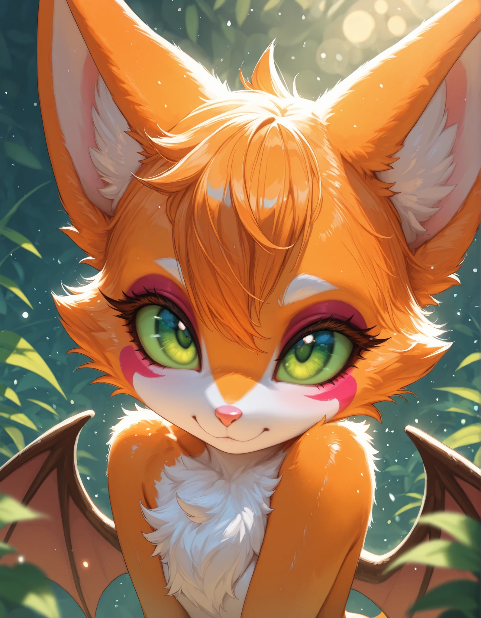 4ur4_illu,shiny,, masterpiece, best quality, very aesthetic, (1girl:0.7),, (solo:1.3), furry, fidget \(elysian tail\), nimbat, fidget_daet, anthro, furry female, wings, tail, green eyes, colored sclera, bat wings, facial markings, orange fur, white fur, two-tone fur,membranous wings, fluffy, portrait, big eyes, young, BREAK, masterpiece, best quality, high quality, particles effect, [:by Desubox:0.15], [:by Anchee, by Snowskau:0.55], detailed background, detailed foreground, subtle shadows, depth of field, backlighting, plant, nude