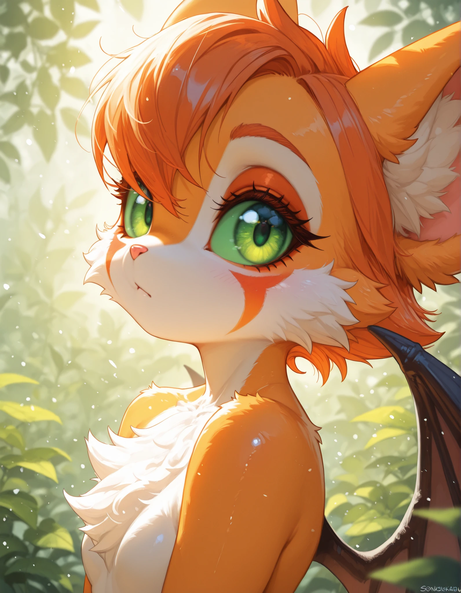 4ur4_illu,shiny,, masterpiece, best quality, very aesthetic, (1girl:0.7),, (solo:1.3), furry, fidget \(elysian tail\), nimbat, fidget_daet, anthro, furry female, wings, tail, green eyes, colored sclera, bat wings, facial markings, orange fur, white fur, two-tone fur,membranous wings, fluffy, portrait, big eyes, young, BREAK, masterpiece, best quality, high quality, particles effect, [:by Desubox:0.15], [:by Anchee, by Snowskau:0.55], detailed background, detailed foreground, subtle shadows, depth of field, backlighting, plant, nude