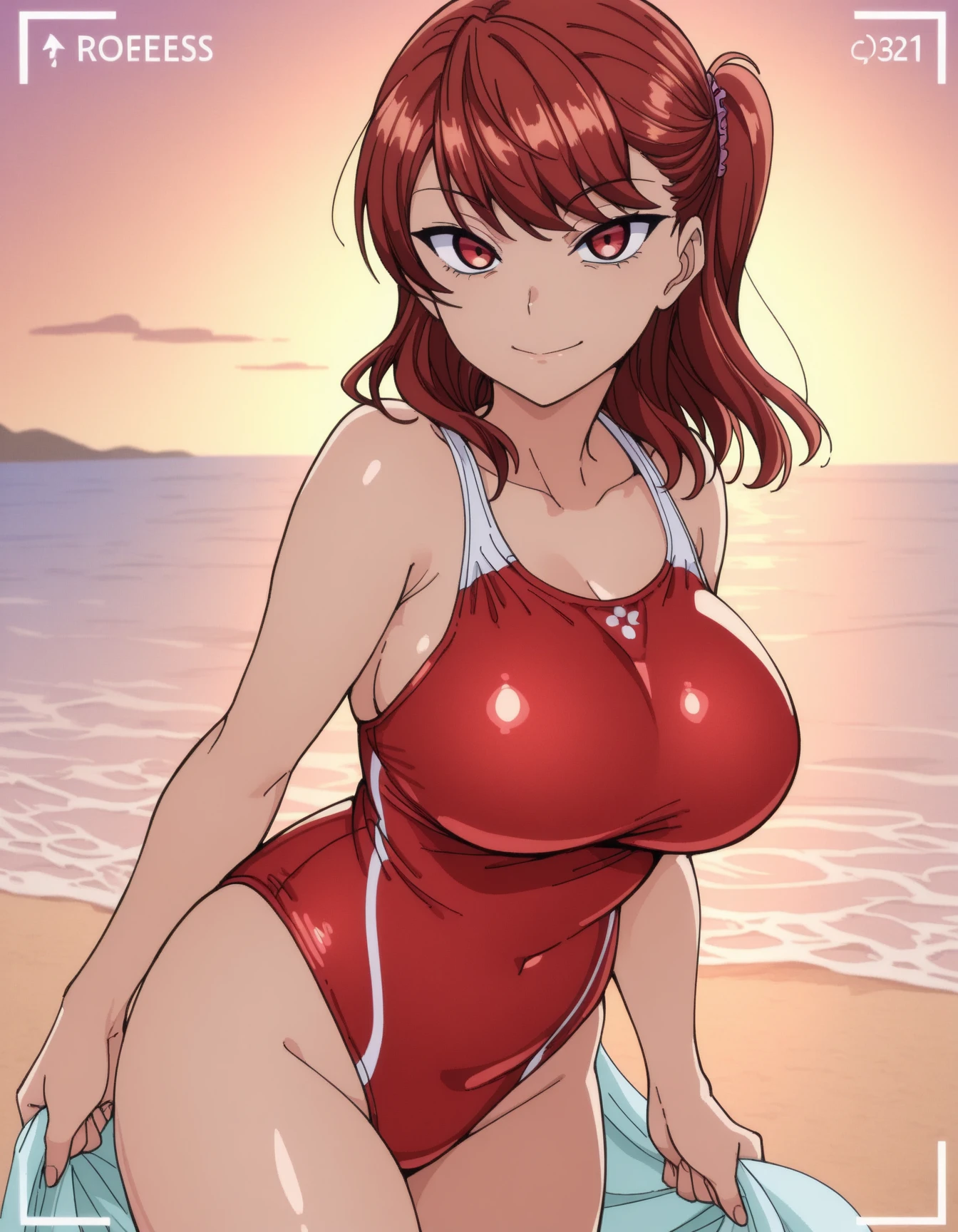 1girl, red hair, medium hair, short hair, flower, flower orbament, ornament, hair ornament, green eyes, one-piece swimsuit, competition swimsuit, ?????????????, wide ????, thick thighs, smile, ??????? supress, ((?????? suppress)), hands on ???????