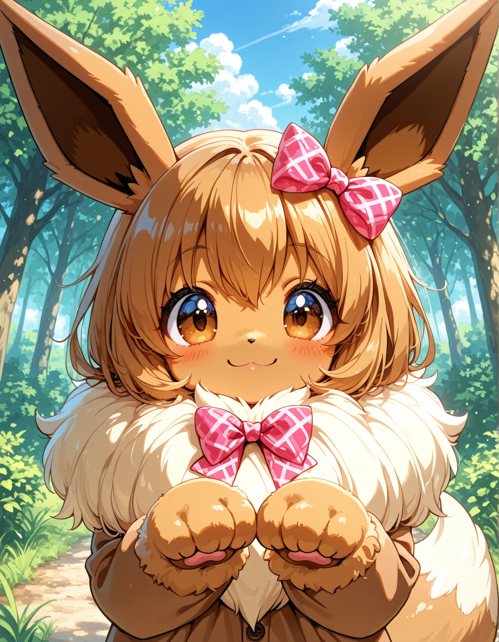 4ur4_illu,shiny,, pokekid, eevee, fluffy girl, furry girl, female, smile, smiling, has a big pretty bow in her hair, has animal paws for hands, 1girl, best quality, outdoors, high definition, cute,