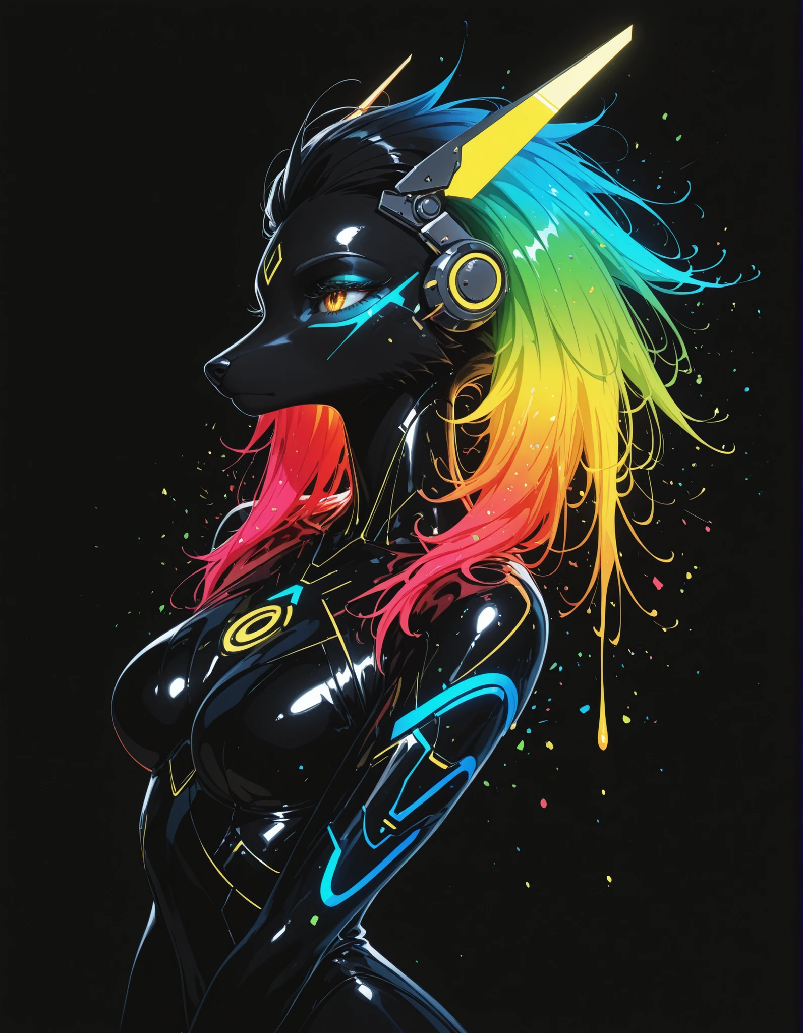 4ur4_illu,shiny,, furry girl, anthro, facing sideways, elegant pose, silhouette body, (glossy black fur), (neon outlines), (flat lighting), exploding fractals, liquid neon paint, splash effect, rainbow iridescent hair, gradient glow, (triadic colors), (spot color:1.2), cyberpunk headgear, artistic, abstract style, black background, recursion, film grain, no lineart, high aesthetic,