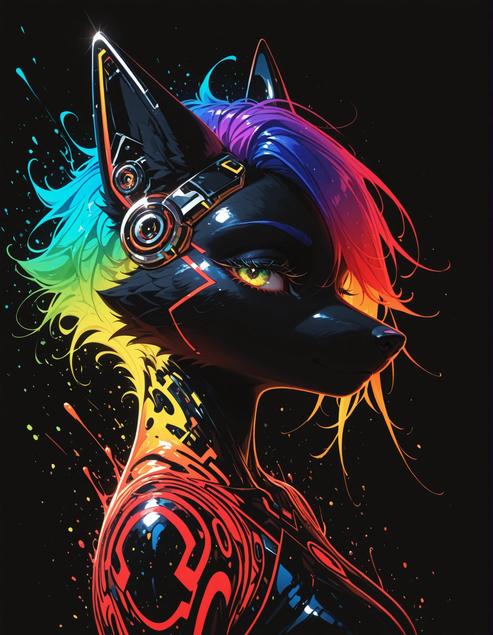 4ur4_illu,shiny,, furry girl, anthro, facing sideways, elegant pose, silhouette body, (glossy black fur), (neon outlines), (flat lighting), exploding fractals, liquid neon paint, splash effect, rainbow iridescent hair, gradient glow, (triadic colors), (spot color:1.2), cyberpunk headgear, artistic, abstract style, black background, recursion, film grain, no lineart, high aesthetic,