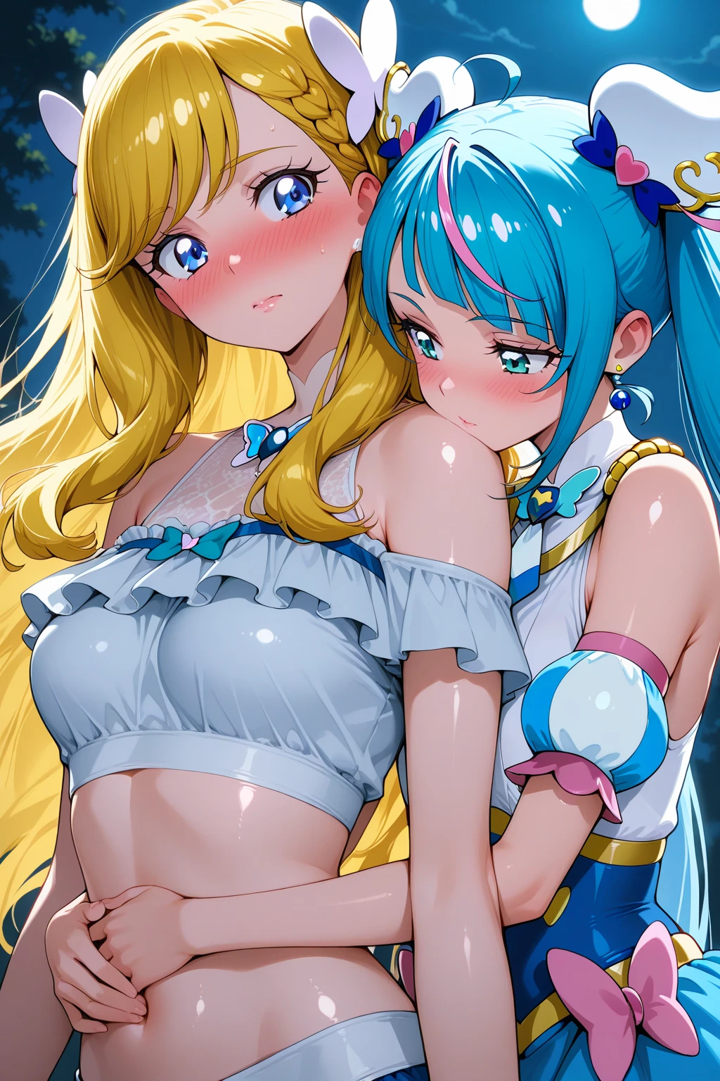 (((Little girls,))) (((children,)))  bodies,((Perfect body,))((Super beautiful,))((High quality,)), (sweaty,) (wet all over,) blush,saliva, steam,((((blue color magical girl costume)))),collar,,,((,)) (,)((back view,pov,Viewer's perspective)),She grits her teeth and with an disgust,,,Crying,tears,blue hair, blue eyes,twintail hair,blunt bangs,((A large amount of  is overflowing from the crotch)),The beautiful girl has her back turned and her butt sticking out,(man is grasping a girl's buttocks),open mouth,tongue out,