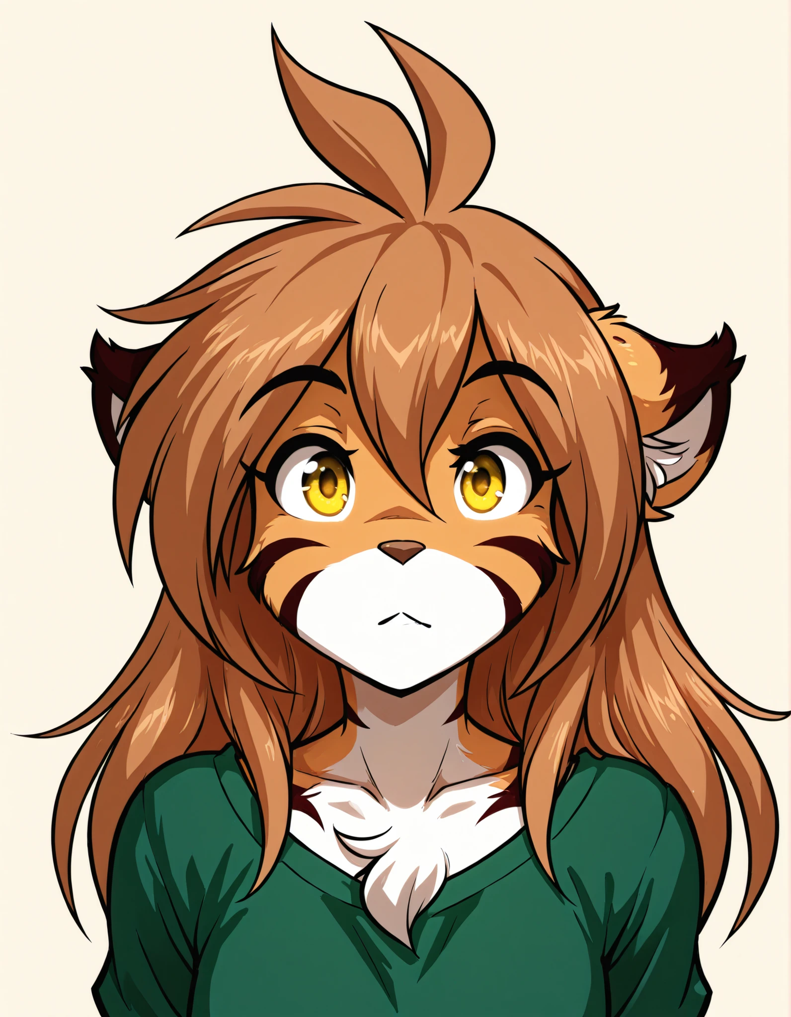 4ur4_illu,shiny,, furry, solo, flora-twokinds, flora_twokinds,, tiger, striped fur, keidran, yellow eyes, anthro, simple background,,, green shirt