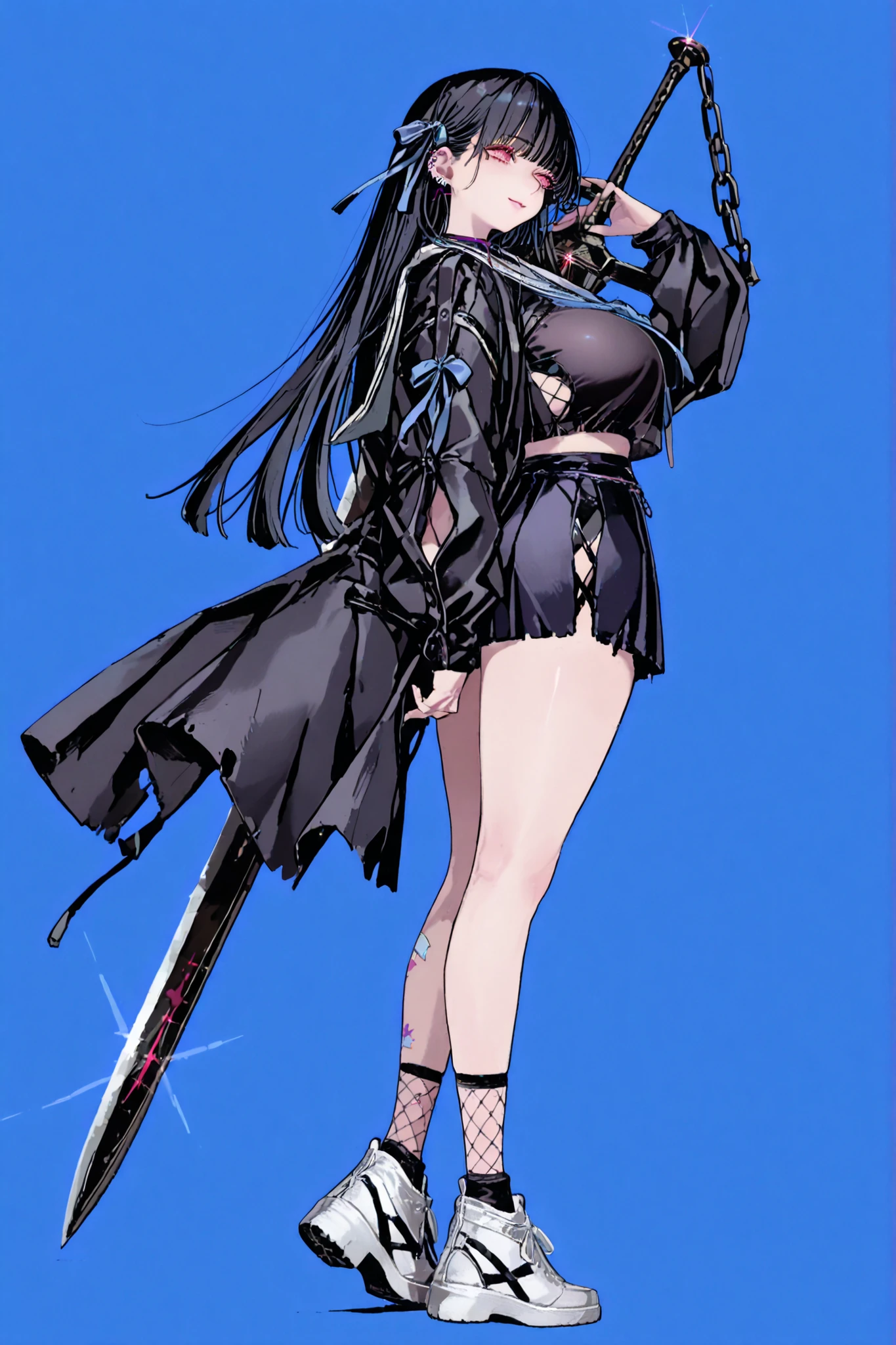 8k wallpaper、 top quality 、masterpiece, 748cm スThailandル 、black japanese school uniform top with fishnet top beneath, woman 1 person、ribbon、piercings and earrings on her ears, black ripped punk shorts、 cute black oversized coat with puffy sleaves with open sholders 、cute big bow on her back, chains and Accessories on it, dark pantyhose and fishnet、 black knee socks 、rororogi mogera、 style strap 、 Thailand、 pantyhose、、black hair with pastel lavands lines、eyelashes 、 long hair、 Underbob 、blue ribbon bow in the head、 Pretty red Eyes、 wide hips、Protruding thighs 、 pale pinky skin, very big breasts 、close up, Light blue background 、, simple background、lazy smile、 high detail design, standing up、boob window, walking pose, making a cute photo pose with her hands, fullbody,, huge sword on her back, riped style skirt, chest fishnet top, fishnet stocking, big cute black sport plataform sneakers, japanese school girl style,