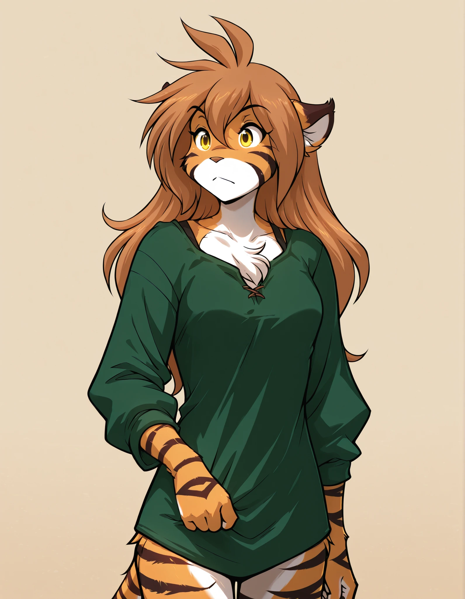 addmicrodetails,, furry, solo, flora-twokinds, flora_twokinds,, tiger, striped fur, keidran, yellow eyes, anthro, simple background,,, green shirt