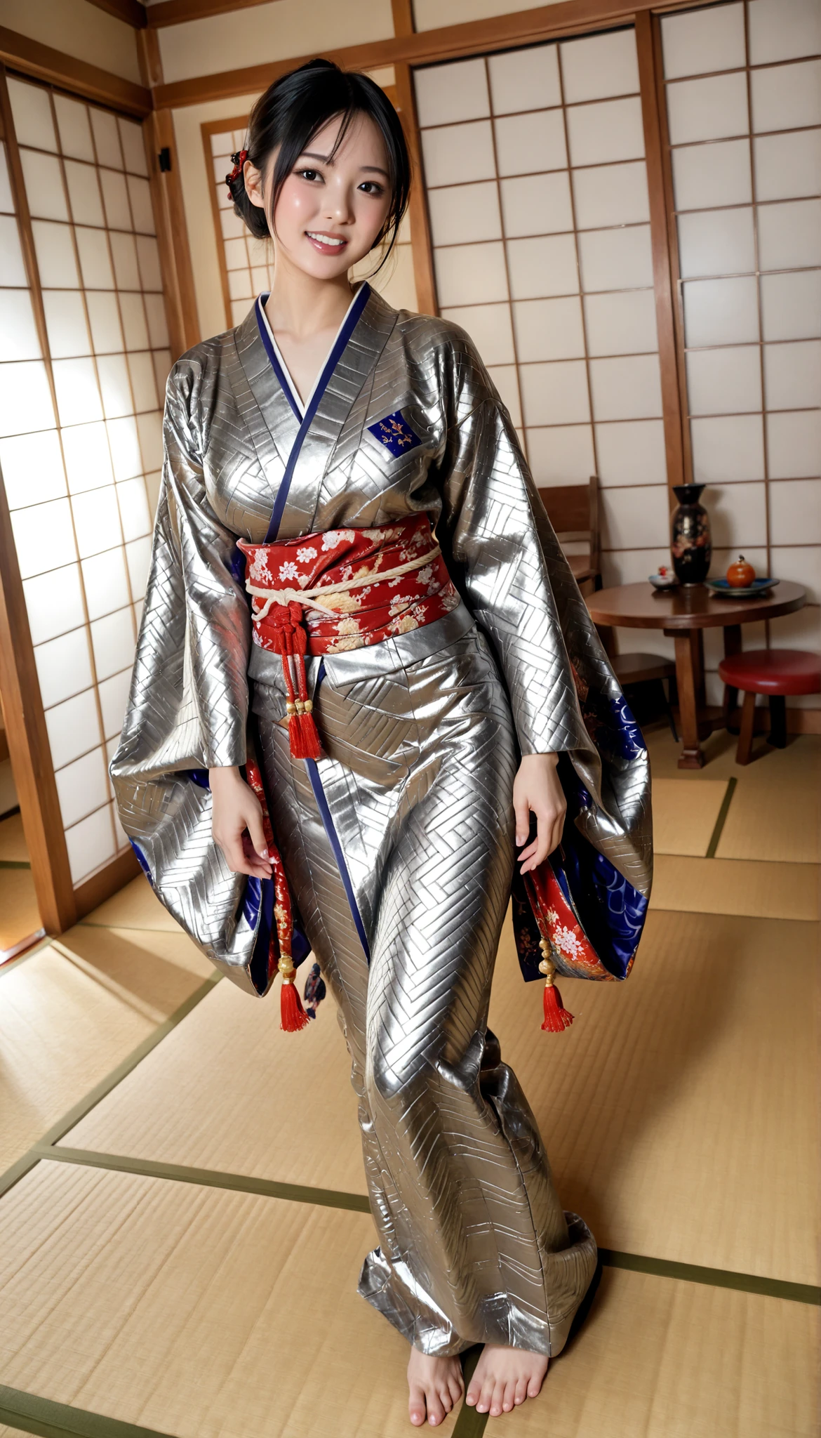 最High Quality 、High Quality 、 最high definition、high definition、8K quality、high image quality 、最High Quality、 masterpiece 、immersive video、 very realistic images of the floor at night 、Realistic Paintings、 perfect details 、 from out of view High contrast 、High Fidelity、 perfect pictures without blur、close to reality、 image faithfully reproduced down to the smallest detail、 EXQUISITE AND REALISTIC WEAPONS 、 Exquisite and realistic human skin 、 Realistic face in every detail、 realistic eyes with attention to detail 、 Realistic lips drawn with minimal detail 、 detailed and real teeth、Real Ears、 Realistic Hair 、((Japanese Model))、((gravure idol))、((Young face))、((black hair))、((medium rounded breasts))、((stylish body ))、(((shiny skin )))、((Wear a mirrored metallic kimono,The metallic kimono fits the skin perfectly))、((Wear a metallic kimono that reflects light,The metallic kimono adheres perfectly to the skin))、((Traditional Japanese room))、(((Sexy pose with tatami mat in a Japanese-style room )))、(((Full Body Footage from Head to Toe,)))、(((look at her from a random angle)))