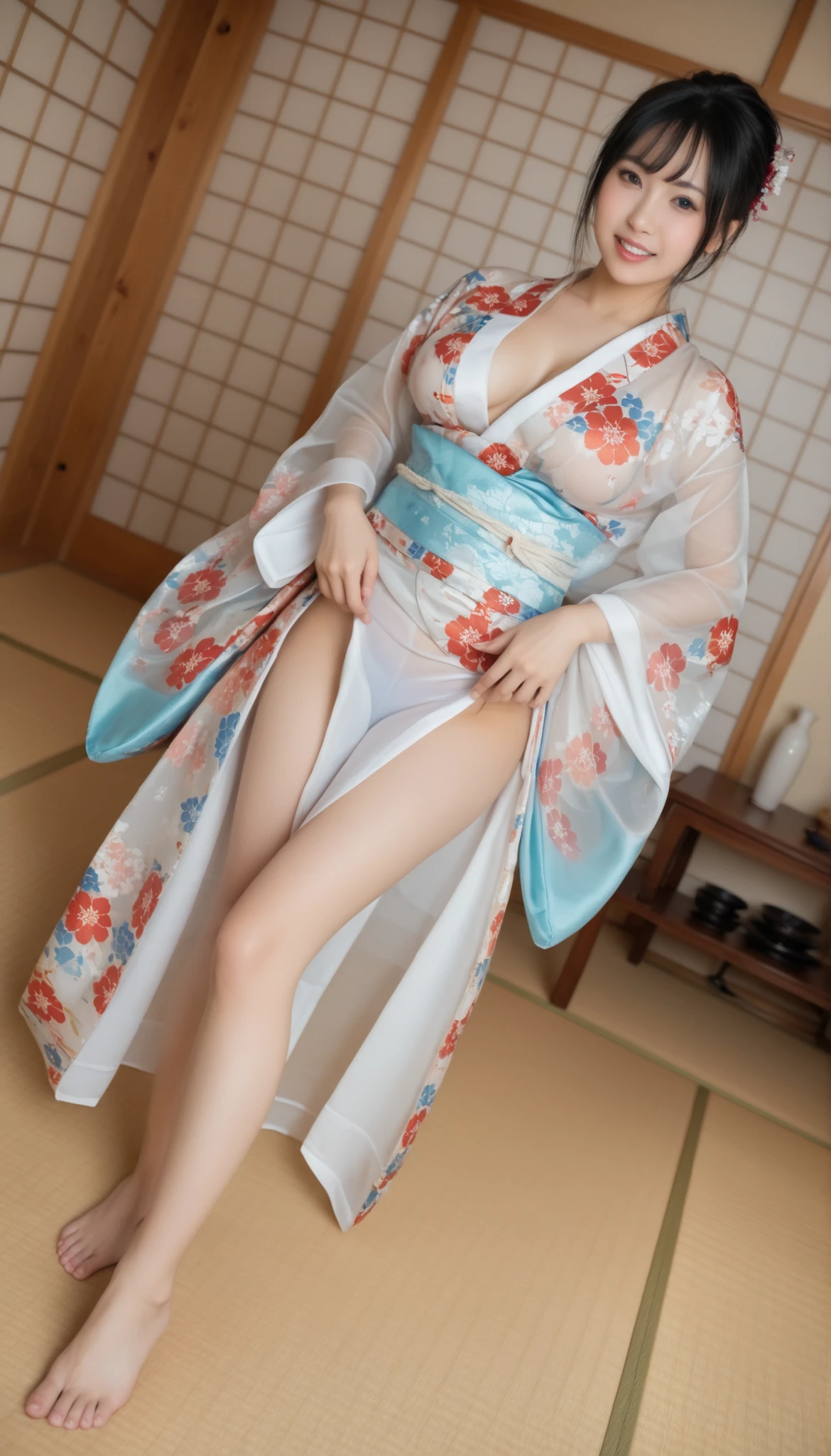 最High Quality 、High Quality 、 最high definition、high definition、8K quality、high image quality 、最High Quality、 masterpiece 、immersive video、 very realistic images of the floor at night 、Realistic Paintings、 perfect details 、 from out of view High contrast 、High Fidelity、 perfect pictures without blur、close to reality、 image faithfully reproduced down to the smallest detail、 EXQUISITE AND REALISTIC WEAPONS 、 Exquisite and realistic human skin 、 Realistic face in every detail、 realistic eyes with attention to detail 、 Realistic lips drawn with minimal detail 、 detailed and real teeth、Real Ears、 Realistic Hair 、Mansuji、((Japanese Model))、((gravure idol))、((Young face))、((black hair))、((medium rounded breasts))、((stylish body ))、(((Sweaty skin all over )))、((Wear a floral kimono made of transparent vinyl,Clear vinyl fits your skin perfectly))、((Wear a floral kimono made of transparent nylon,Clear nylon adheres perfectly to the skin))、((See your skin through a clear vinyl kimono))、((See your skin through a clear nylon kimono))、((Traditional Japanese room))、(((Sexy pose with tatami mat in a Japanese-style room )))、(((Full Body Footage from Head to Toe,)))、(((look at her from a random angle)))