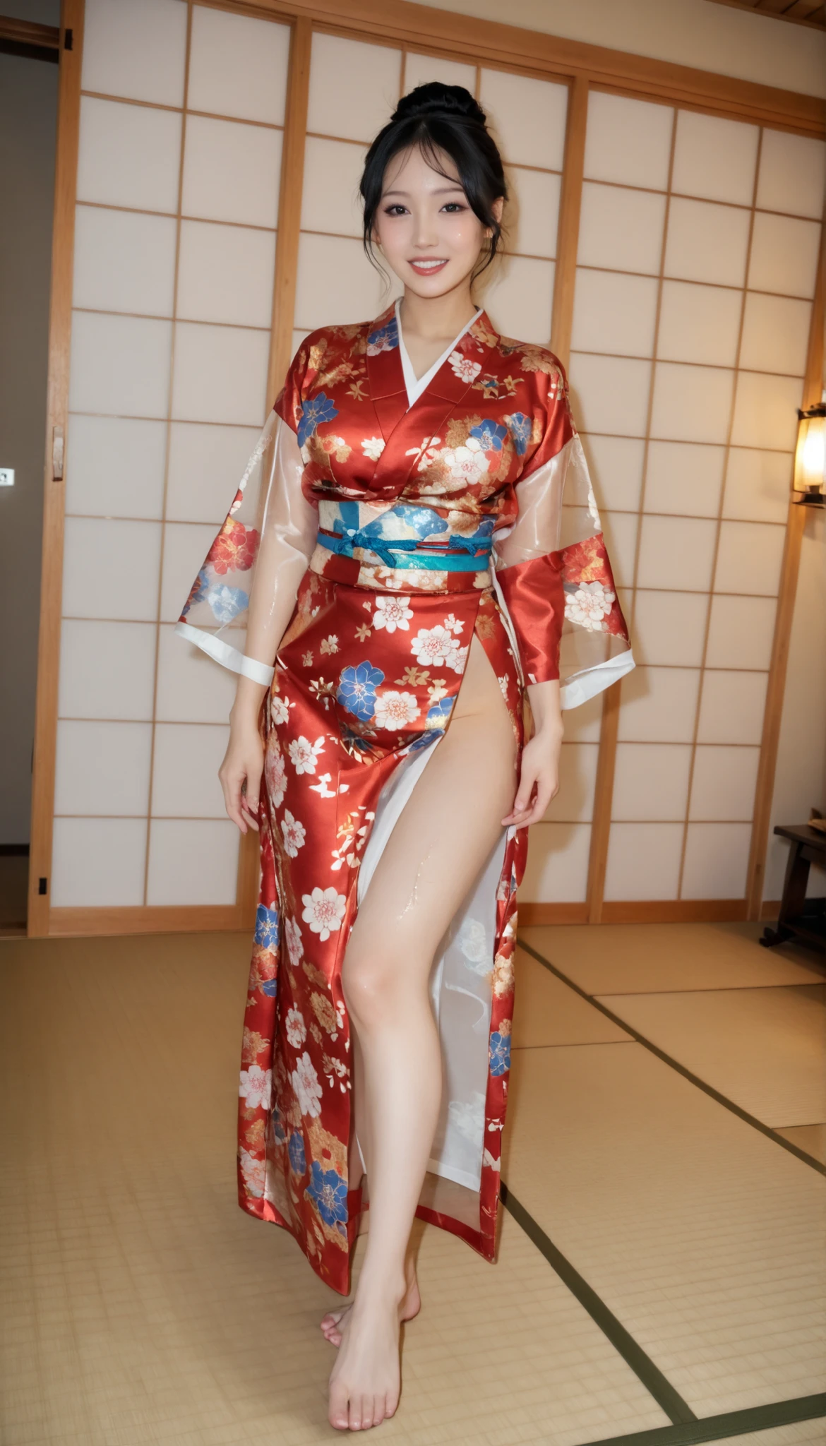 最High Quality 、High Quality 、 最high definition、high definition、8K quality、high image quality 、最High Quality、 masterpiece 、immersive video、 very realistic images of the floor at night 、Realistic Paintings、 perfect details 、 from out of view High contrast 、High Fidelity、 perfect pictures without blur、close to reality、 image faithfully reproduced down to the smallest detail、 EXQUISITE AND REALISTIC WEAPONS 、 Exquisite and realistic human skin 、 Realistic face in every detail、 realistic eyes with attention to detail 、 Realistic lips drawn with minimal detail 、 detailed and real teeth、Real Ears、 Realistic Hair 、Mansuji、((Japanese Model))、((gravure idol))、((Young face))、((black hair))、((medium rounded breasts))、((stylish body ))、(((Sweaty skin all over )))、((Wear a floral kimono made of transparent vinyl,Clear vinyl fits your skin perfectly))、((Wear a floral kimono made of transparent nylon,Clear nylon adheres perfectly to the skin))、((See your skin through a clear vinyl kimono))、((See your skin through a clear nylon kimono))、((Traditional Japanese room))、(((Sexy pose with tatami mat in a Japanese-style room )))、(((Full Body Footage from Head to Toe,)))、(((look at her from a random angle)))
