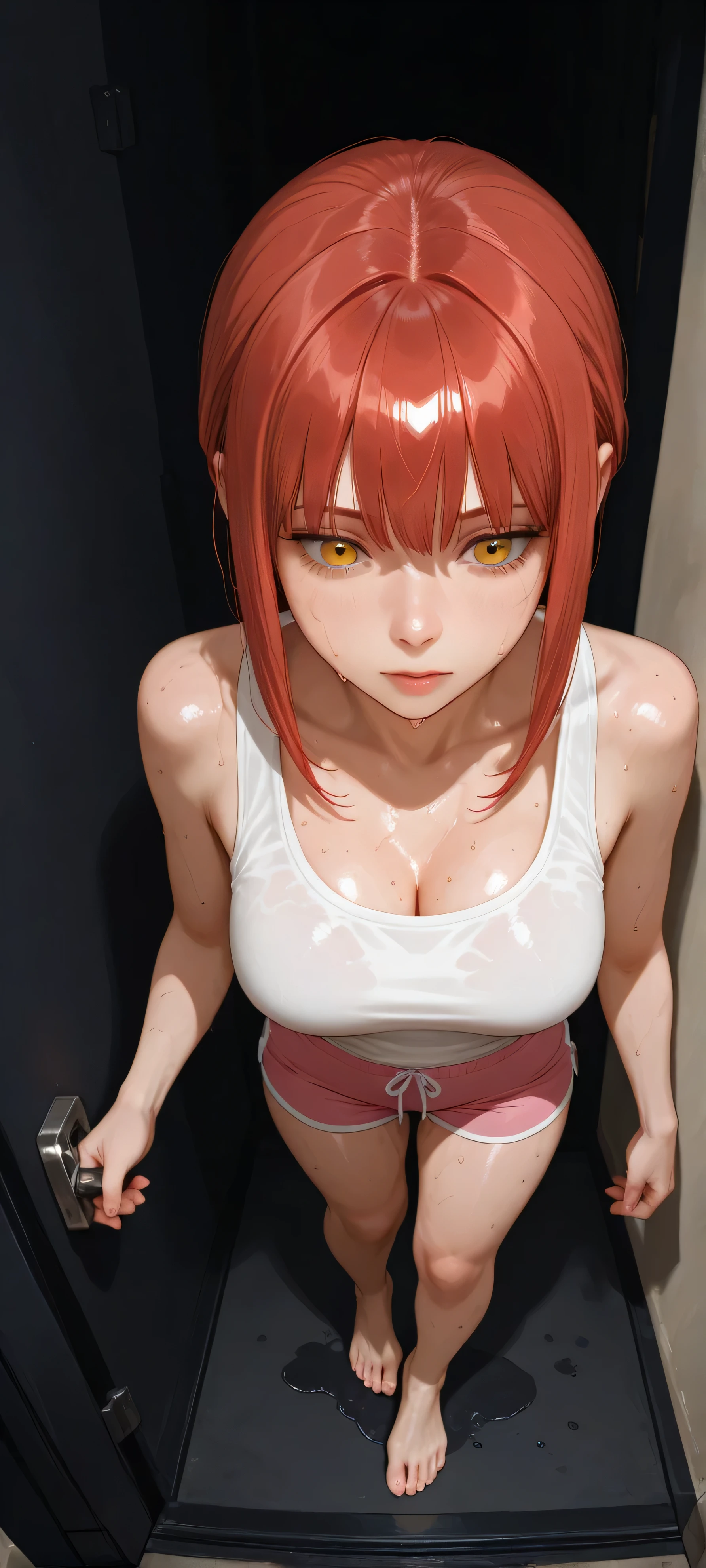 MAKIMA, overhead shot, wearing a white tank top, wearing sexy pink shorts, bare feet, smooth and oily skin, sweating, she poses standing in a dark and black corridor. the object is in the center of the image, the background looks wide and dark. shooting from above, master piece image, high quality, clear, smooth, detailed, 8k, png.