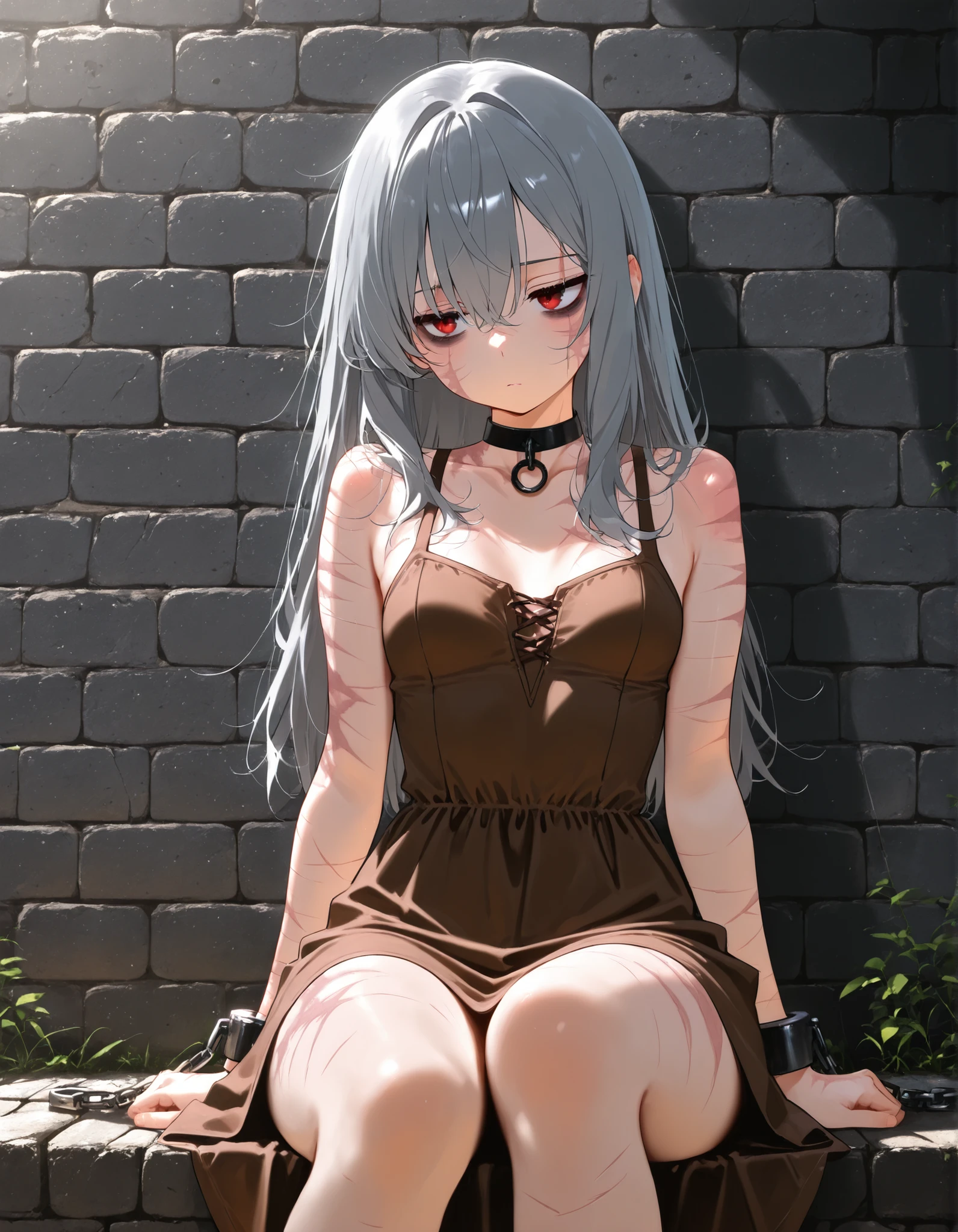 addmicrodetails,, stone wall background,1girl, solo, (red eyes), choker, shackles, chains, cowboy shot, open legs, sitting, feet, toes, hands on the sides, OverallDetail, komekko,, (masterpiece, best quality, absurdres), 1girl, solo, small breasts, dark gray hair, long hair, gray eyes, bags under eyes, scars, burn scars, malnourished, depressed, innexpressive, brown dress, sundress