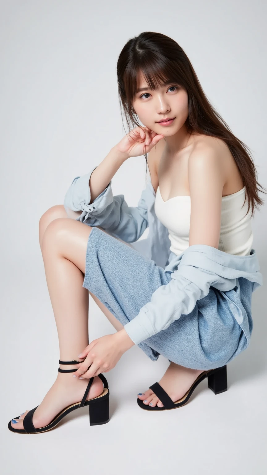 Cute smile,An arafe woman wearing a blue sweater and purple skirt is squatting, a portrait by Juan O'Gorman, Tumbler, Digital Art, Blue sweater, Dark blue, 2 4 years old female model, edited, stunn, in a navy blue sweater, Blue clothes, beautiful image, rendered, blue clothing, Blue, Dark blue clothes, Purple, wearing an oversized sweater,Shoulder out,A sexy,Black heels