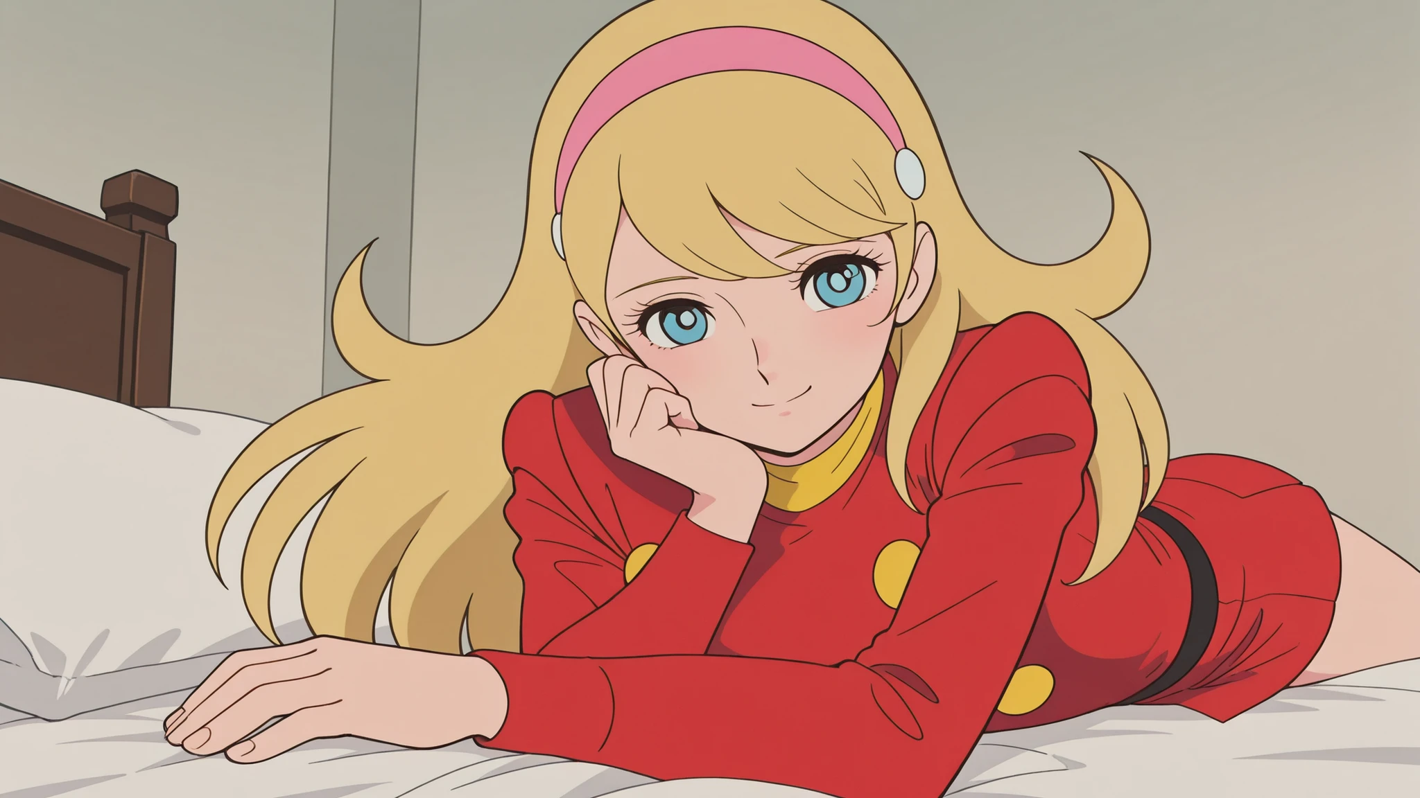 Masterpiece, highest quality, perfect , anime-style illustration, clouds, 1980s style, female soloist, Françoise Cyborg 003, blue eyes, headband, blonde hair, long hair, female soloist, red uniform
High resolution, masterpiece, highest quality, high resolution, CG, high-quality animation, dynamic pose, dynamic angle, upper body, cinematic angle, candid
Blushing, smiling, female soloist, playful smile, mischievous smile, prone position, hands holding chin, front view, on bed