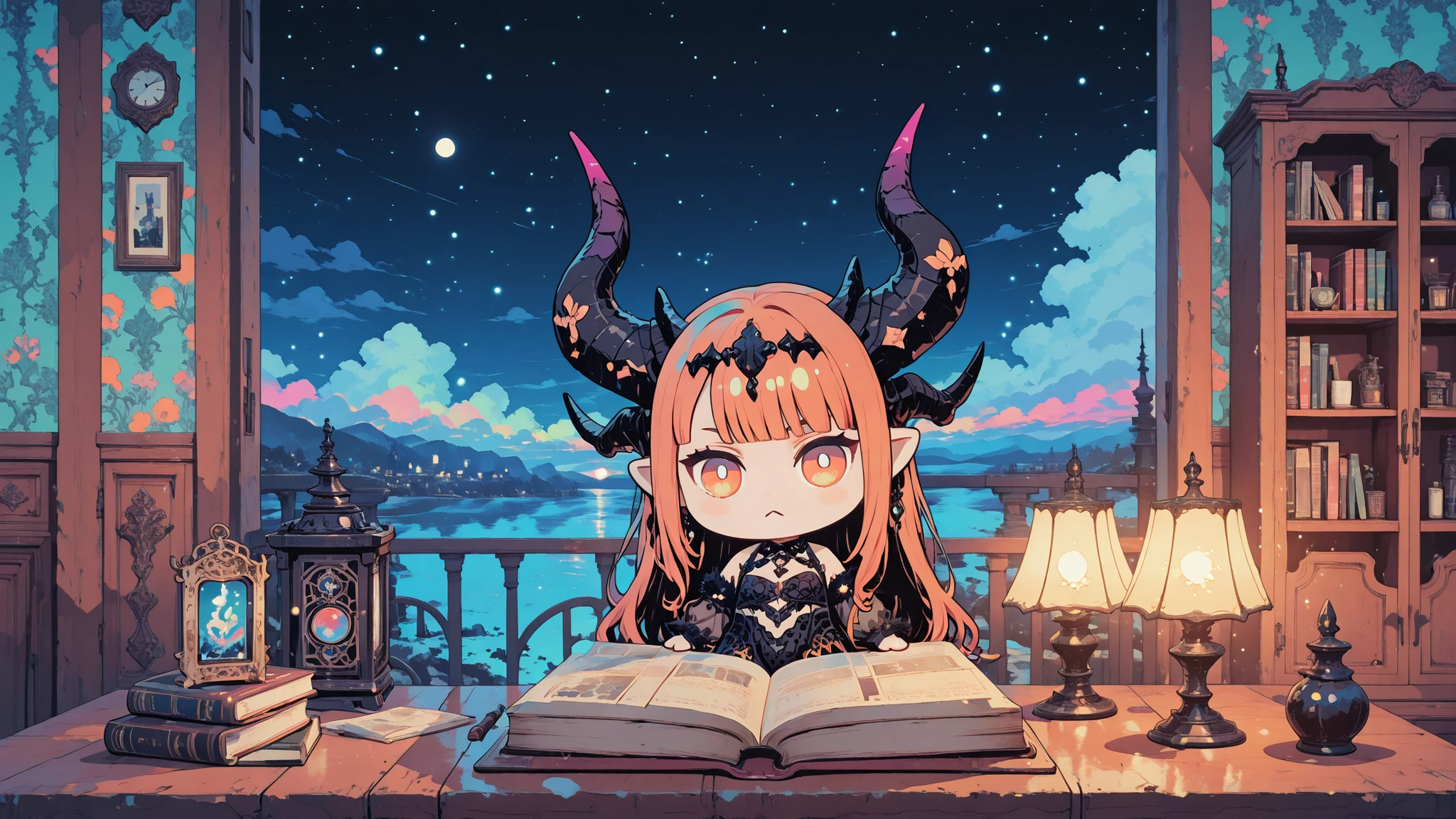 hand,Set-Flat-Style,flat color,vector style,clean lines,colorful background,sky,night,Chibi,(chibi:1.4),hand,Set-Flat-Style,flat color,vector style,clean lines,colorful background,sky,night,hand,Set-Flat-Style,flat color,vector style,clean lines,colorful background,sky,night,A fantasy close-up, bust-up illustration in 16:9 of an elegant young woman with dragon-like horns on her head, viewed from the side. She sits gracefully while reading a book, with perfectly proportioned anatomy and natural, realistic posture. Her majestic, intricately patterned gown and detailed upper body are clearly visible. The luxurious room behind her is softly visible, featuring ornate furniture, tall bookshelves, and subtle magical artifacts, creating a rich and enchanting atmosphere. Warm ambient lighting and soft sunlight highlight her face, horns, and upper body. Composition balanced for wide format, cinematic lighting, realistic textures, highly detailed, sharp, fantasy art style, masterpiece, 8K.