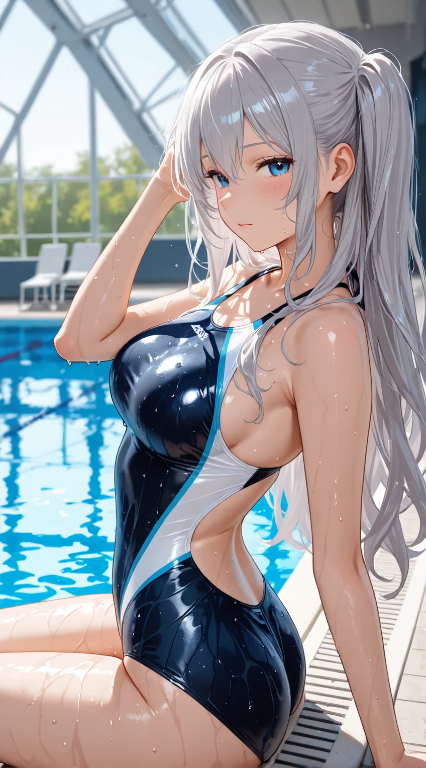 ((4k、8k、top-quality、perfect fingers: 1.3、perfect anatomia: 1.3、Background blur))、((14years、a junior high school student、small ???? 、cute big droopy eyes、stright long hair、a beautiful slender girl、silber hair、a blond、A smile))、（onepiece swimsuit）、Full-body angle、school poolside、