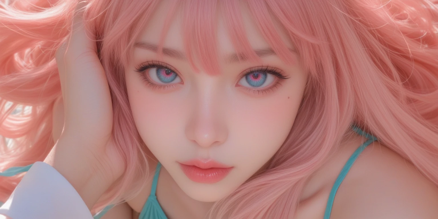 Ultra realistic, open shot (show body), best quality, dream aesthetic (a little blurry in cinematic vibrant light), ultra-detailed, fine details, high resolution (image taken by analog camera), Perfect dynamic composition, illuminated pale skin, perfect shading, beautiful (realistic) detailed clear eyes, hot ( ), pantyhose, pale-pink hair, long messy (silky) hair (pale pink), tied hair, natural (large), Natural Color Lip (not smiling), face with shy and embarrassed expression, Random and sensual poses, bedroom (background unfocused)、20 year old、dream atmosphere