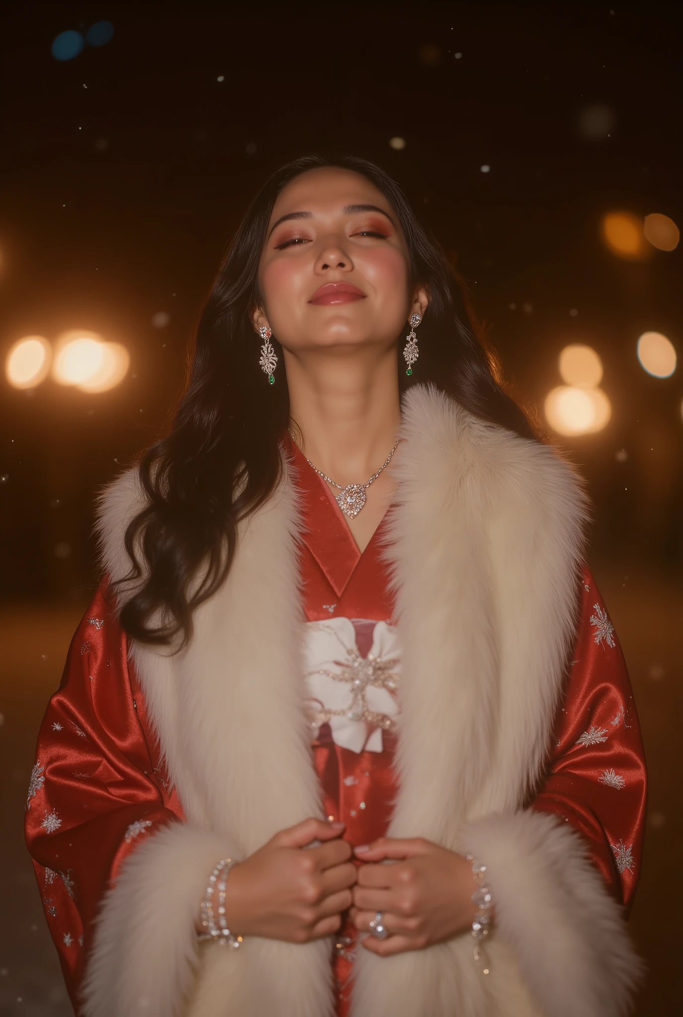 A dreamy, glamorous Y2K-style flash portrait photography of a naturally tanned woman as a self-portrait of “me”. She has flawlessly matte skin and long, voluminous dark brown hair in loose curls, falling freely down her back. Her makeup is natural yet glamorous, with sculpted brows, voluminous lashes, soft brown eyeliner, and glossy brown lips.

She is standing for a close-up portrait in a snowy outdoor scene, in a dark evergreen forest at night. It is gently snowing, and the ground is covered in snow. The background is a dark forest with cool blue tones in the trees, contrasting with her warm presence.

She is wearing an elegant winter kimono outfit: a deep red furisode-style kimono with a luxurious, slightly glossy fabric, paired with a rich velvet obi in deep red, tied in a large, dramatic bow at the back that accentuates her curves. The kimono has subtle winter motifs (snowflakes, pine, or plum blossoms) in silver and emerald accents. Over her shoulders she wears a soft, deep red fur stole for warmth. She has matching deep red tabi socks and zori sandals barely visible in the snow.

She also wears delicate emerald and diamond jewelry: a fine emerald and diamond necklace at her neck, a matching emerald and diamond bracelet on her wrist, and a sparkling diamond engagement ring on her finger, all catching the flash.

Her head is tilted slightly upward toward the sky, eyes closed, smiling gracefully. Her arms are gently outstretched in front of her, hands open as if catching the falling snow, interacting with the snow and savoring its coldness while radiating inner warmth and elegance.

Shot with direct on-camera flash in classic late-90s / early-2000s party snapshot style: strong, direct lighting on her face and kimono, sharp shadows behind her, bright reflections on her jewelry and glossy lips, and luminous highlights on the falling snow. The background forest remains dark and slightly out of focus.

High grain, vintage 90s film texture, warm yet slightly muted co