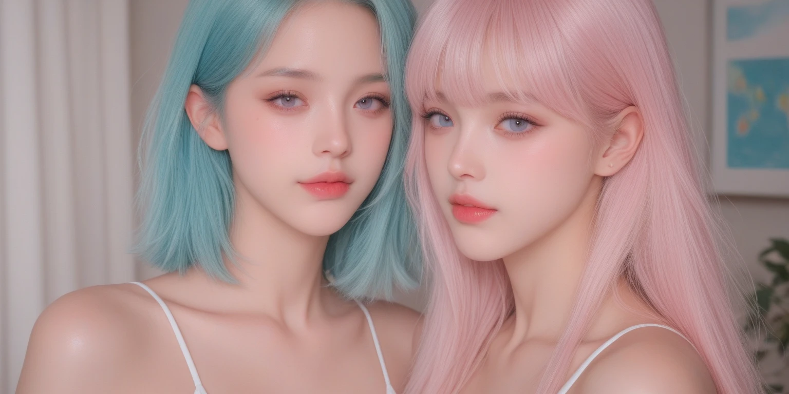 , (), cute, eyelashes, pastel,1girl, solo, long hair, looking at viewer, blush, simple background, shirt, hair ornament, collarbone, upper body, heart, parted lips, choker, star (symbol), symbol-shaped pupils, aqua hair, heart-shaped pupils, pink background, pink shirt, star hair ornament, multicolored eyes, food-themed hair ornament, colorful, multicolored shirt, pastel colors,