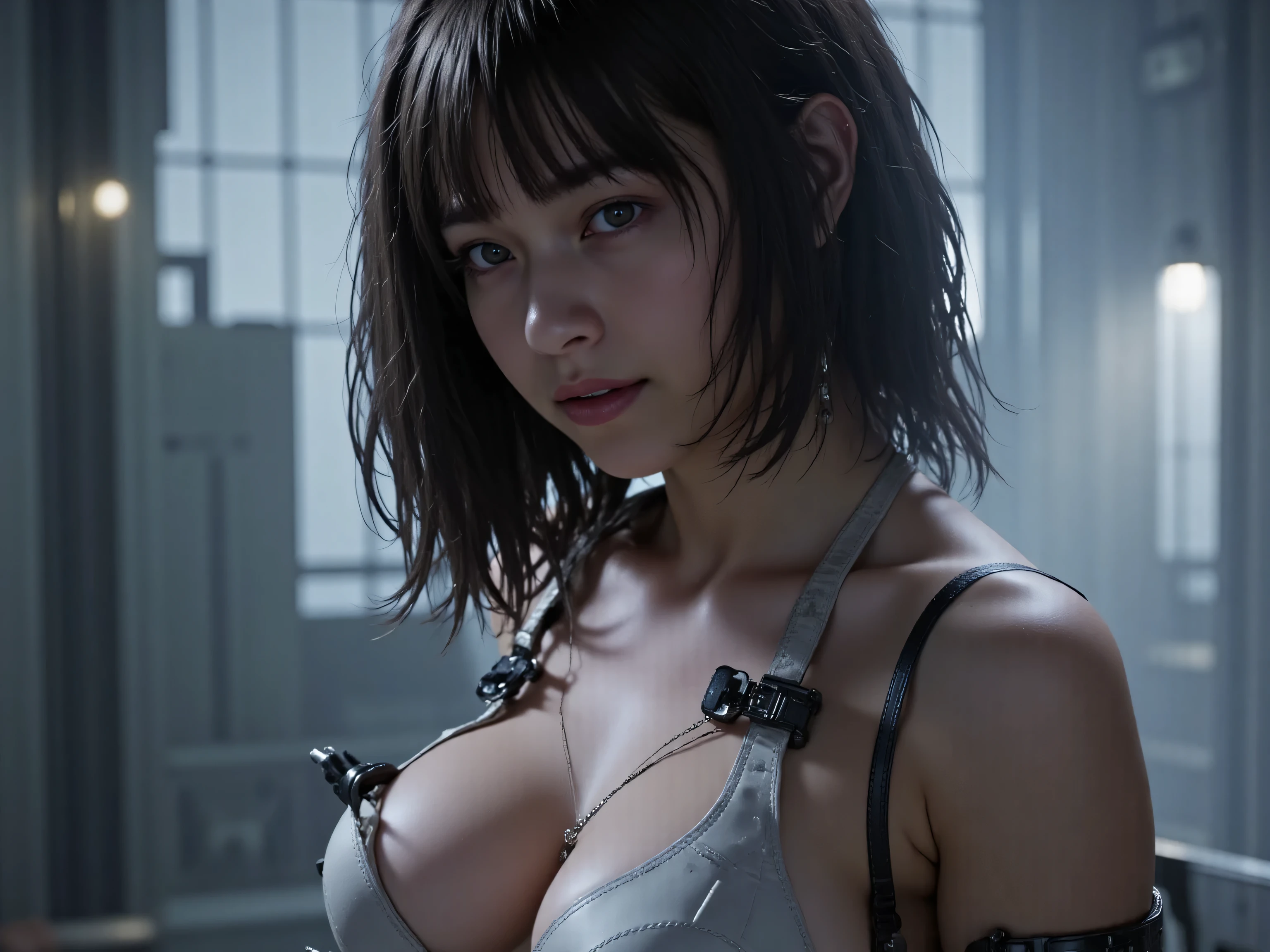 (((Midnight Future City Rooftop:2.0))),(((HR Gigger Style Cyberpunk Atmosphere:2.0))),one woman,(cute face:1.5),(Beautiful well-balanced face :1.7),((wavy black hair:2.0)),(Beautiful Eyes:1.3),glamorous shot of a 20-year-old Japanese woman,Beautiful Slender Body,((model body type:2.0)),((slim body:1.7)),perfect body line,ideal proportions,((big breasts:2.0)),((F cup chest:1.5)),big boobs,Bare thighs,sensual thighs,delicate body,(muscular:1.7),harmonious posture,((Realistic breast depiction :1.7)),((Carefully Depicting Limbs Based on Perfect Anatomy:2.0)),((dull white special forces style full body suit:2.0)),((dirty white full body bodysuit:2.0)),((((white military cape with open front:2.0))),((tactical holster:2.0)),((Gloves:2.0)),Concept Art,(top quality:1.5),(masterpiece:1.5),(超高Resolution),Resolution,UHD,(Fine Drawing),carefully drawn,32k,((realistic skin texture:1.5)),(((Ultra Realistic:1.5))),carefully drawn eyelashes,very detailed face,highly detailed female hands,sexy appearance,very sensual,(Blurry, dim background:1.5),professional photography,(Movie Lights:2.0),((Blade Runner Style Lighting:2.0))