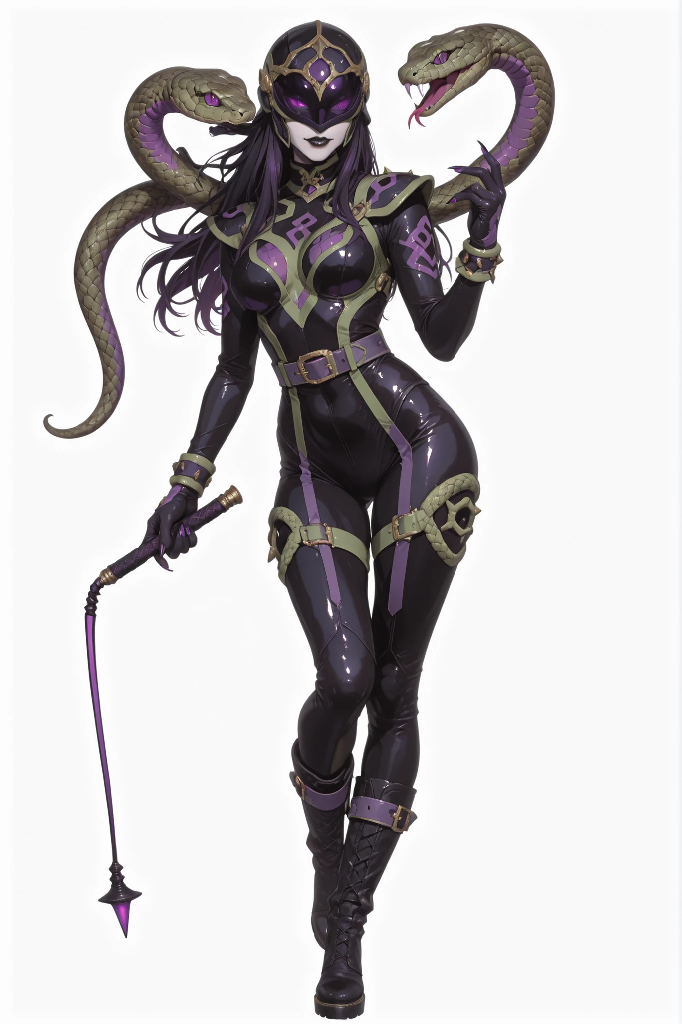 Kaijin Girl. Full-face helmet. Helmet with snake Fang. Spiky decorations.Black lips. Snake motif. Glossy. Black bodysuit. Green decoration. High-heeled boots. Purple glow. Holding a whip in hand. Sharp nail. Snake tail on head. White background.
