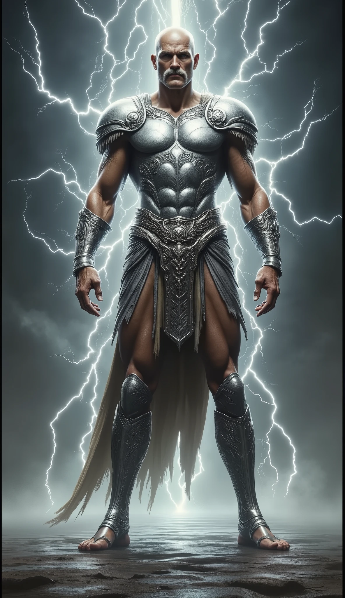Zeus, lightning background, shining silver amor, skinny, slightlty baldness, moustache, sandal
