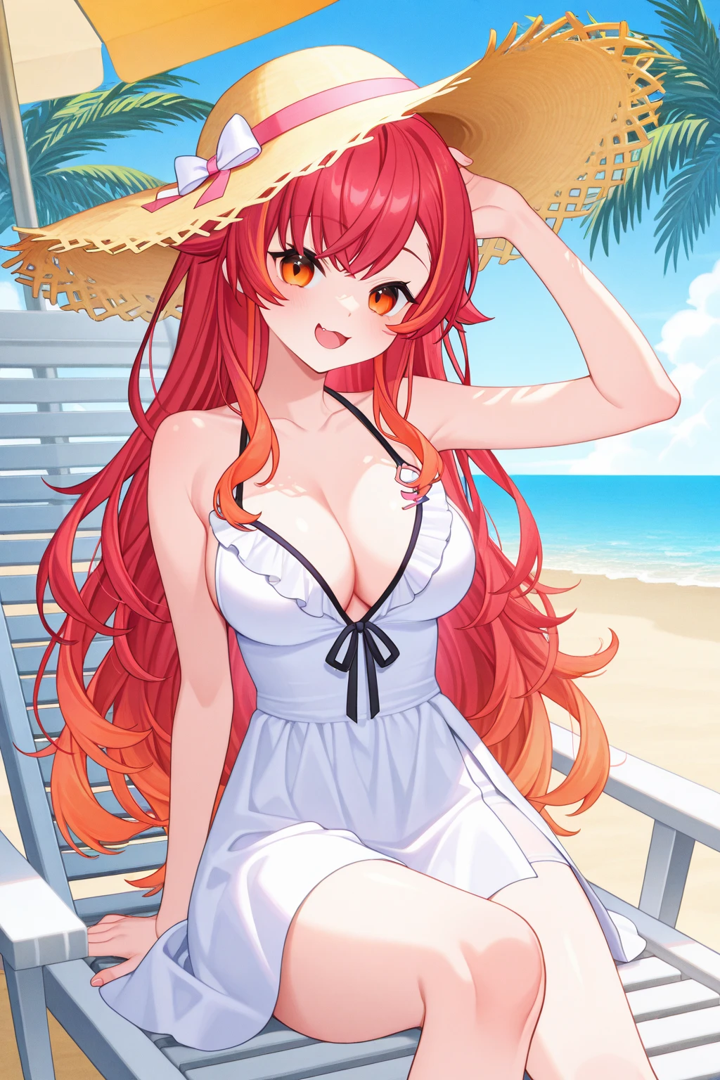 very detailed eyes, very detailed pupils, Anime style, Painting, absurderes、perfect anatomia、Hani、??????? out, long hair, ‎cleavage, ???????, on the beach, see-through, red blush, smile, redhead, red hairs, looking away, ???????, ?????