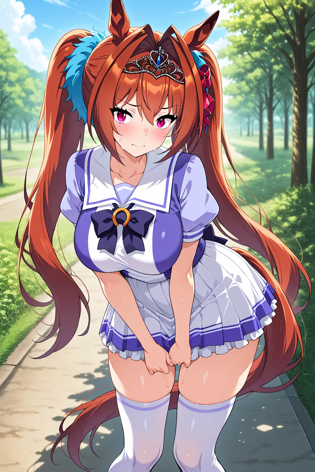 , , , 1girl, large breasts, . empty eyes,,shizu murasame, long hair, blue eyes, black hair, sidelocks, hime cut, bangs, blunt bangs,,, 16 years old、 crying 、whole body, amusement park, solo,  Peeing, , projectile , (Sweating profusely, , Wet Woman, )