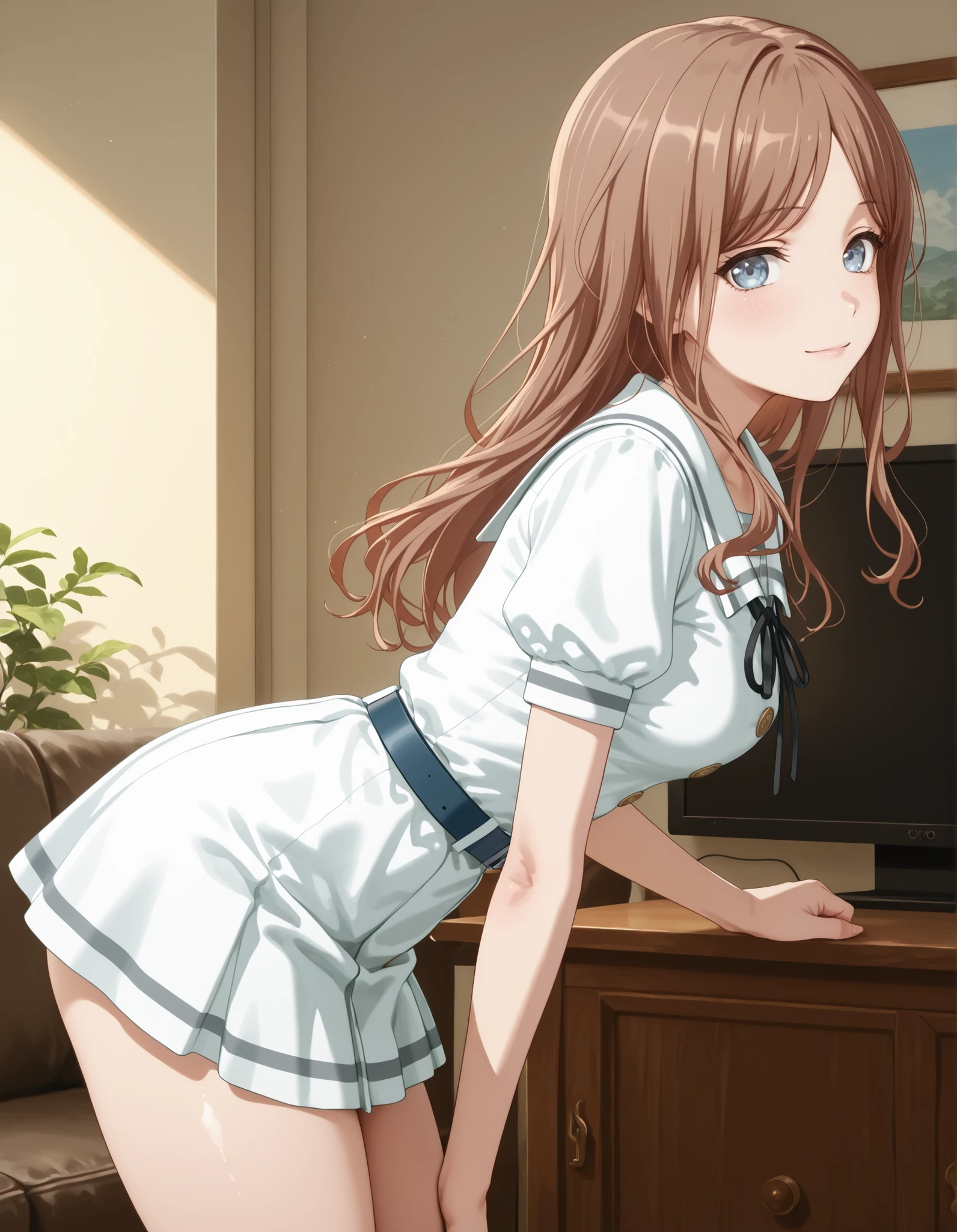 ((from side)), ((leaning forward)), masterpiece, best quality, amazing quality, detailed background, living room background,, background, nagasaki soyo, 1girl, solo, school uniform, puffy short sleeves, dress, buttons, black ribbon, neck ribbon, white sailor collar, blue belt, black belt, white dress, light smile, breasts, arm at side, light blush, looking at viewer, ((mini skirt)),((thighs)),((small breasts)), (( medium breasts))