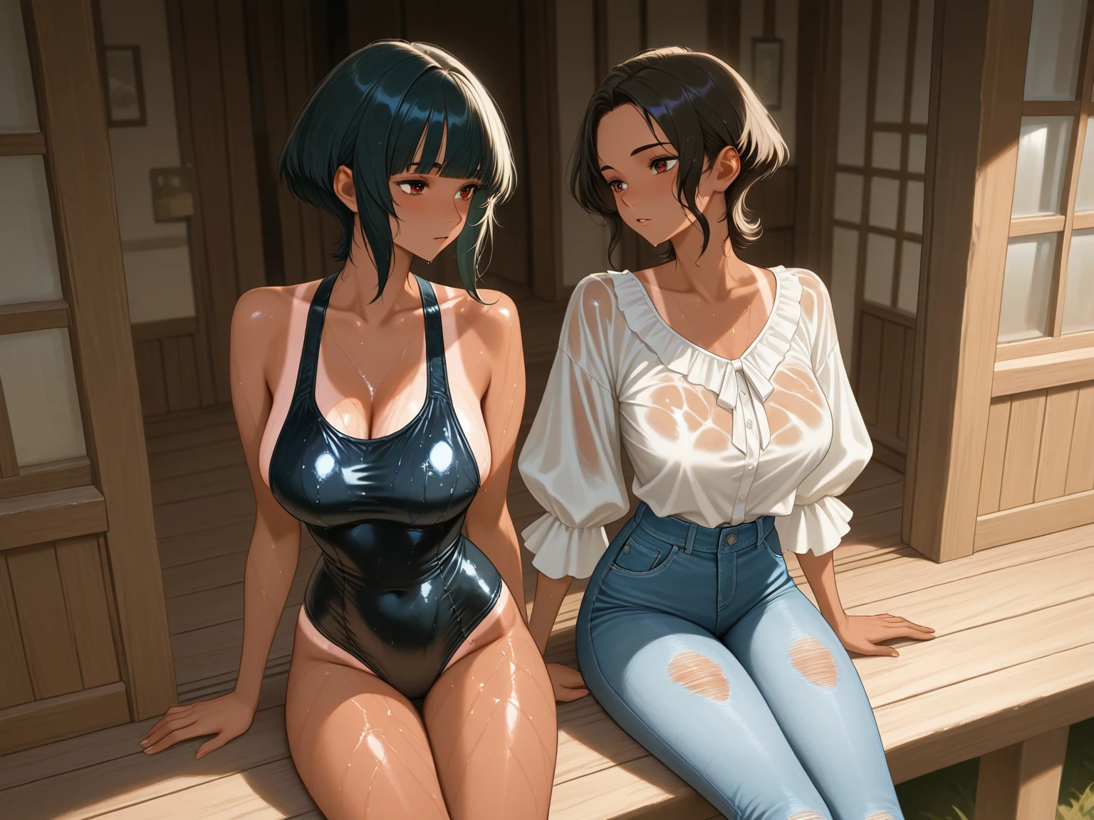 ((2girls, duo,)) (1 girl, elf, round glasses, breasts, moon, lantern, night, Very small a-cup breasts, hair ornament, wet, , wading, water, hair flower, flower, pink flower petals floating on water, outdoors, sky, full moon, rain, vibrant purple hair, pastel purple pubic hair, mountain, cloud, holding, side boob,  shoulders, paper lantern, standing, night sky, wet , visible , , bangs, tree, view from front but slightly from side, reflection, short hair tied in a ponytail, cloudy sky, wet hair), (1girl, elf, breasts, moon, lantern, night, duo, c-cup breasts, hair ornament, wet, , wading, hair flower, flower, holding, side boob,  shoulders, bending at waist presenting ass and , visible , facing away, from back, looking back over shoulder, wet , visible , , bangs,reflection, long hair, wet hair,) (((masterpiece),(extremely detailed CG unity 8k wallpaper),best quality,duo,2girls,cinematic lighting,detailed background,beautiful detailed eyes,bright pupils, (an extremely delicate and beautiful),(Beautiful and detailed eye description)， ultra-detailed,masterpiece,)),