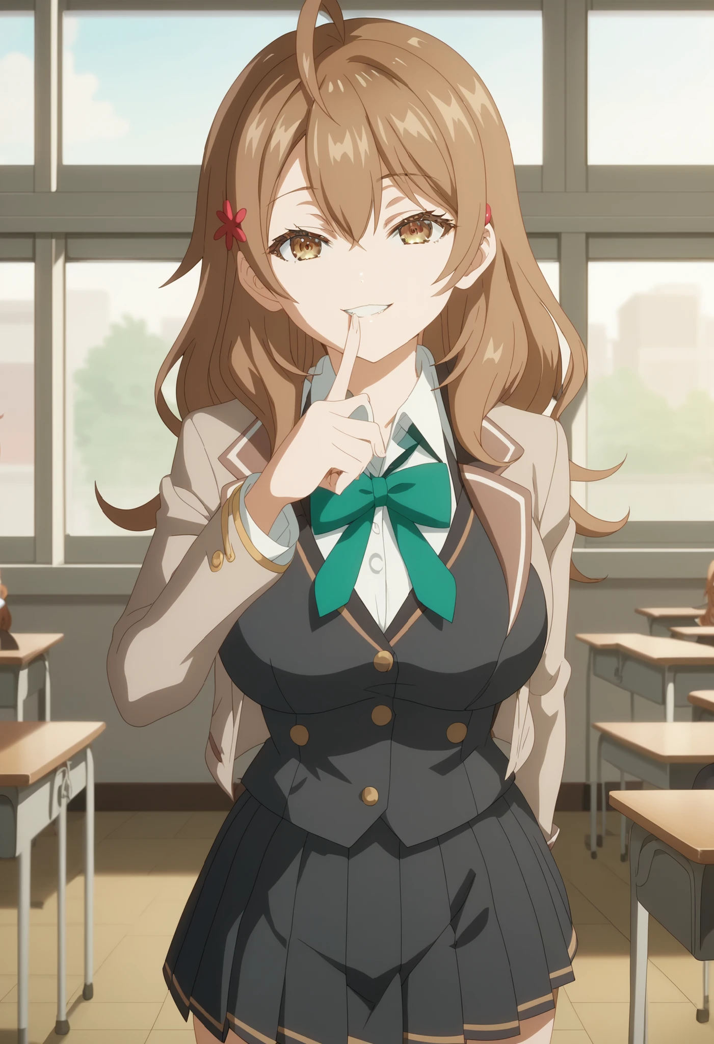score_9, score_8_up, score_7_up, anime screencap, source_anime, 1girl, solo, mariamikhailovnakujou, mariamikhailovnakujou, long hair, bangs, brown hair, hair ornament, right side ornament, hair between eyes, brown eyes, ahoge, smile, false teeth on skin, parted lips, short jacket, brown jacket, green bow tie, white shirt, black vest, buttons, long sleeves, pleated skirt, black skirt, (black thighs: 1.2), finger to mouth, arm behind back, standing, looking at viewer, cowboy shot, classroom, blurred background, indoor, (Beautiful and big breasts: 1.0), natural breasts,