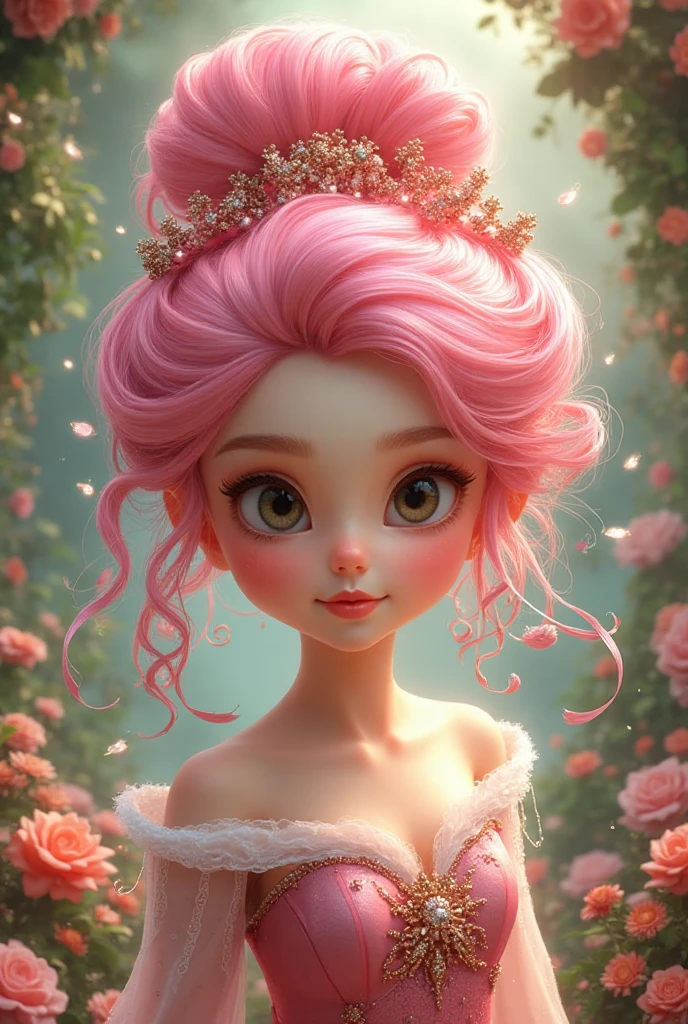 (This is a beautiful, soft, ethereal, and (romantic) fantasy image with a persistent pink aura, fairytale fantasy elements, and a lovely color palette.) Generate a beautiful fairy woman with beautiful puffy lips and beautiful detailed eyes. Her glossy curled hair is realistically detailed and her (ringed eyes) are interesting and colorful. Surround her with eternal roses in shimmering shades of pink and purple.  Include luminous flowers and detailed roses. Utilize dynamic composition and dramatic lighting and cinematic lighting to create an interesting fantasy image. The background of the image is interesting and ultra-detailed, with soft fantasy lighting and gradients. English rose, princess, sweet, lovely, shimmering, glimmering, glittering, astrological fantasy, (((masterpiece))), (highest quality), beautiful eyes, perfect puffy lips, jewel tones, luminosity.  8k, Unreal Engine 5, octane render, trending on pixiv, fanbox, skeb, masterpiece, detailed face, smooth soft skin, big dreamy eyes, beautiful intricate colored hair, anime wide eyes, soft lighting, concept art, digital painting, elegant expression, elegant face, smiling puffy lips