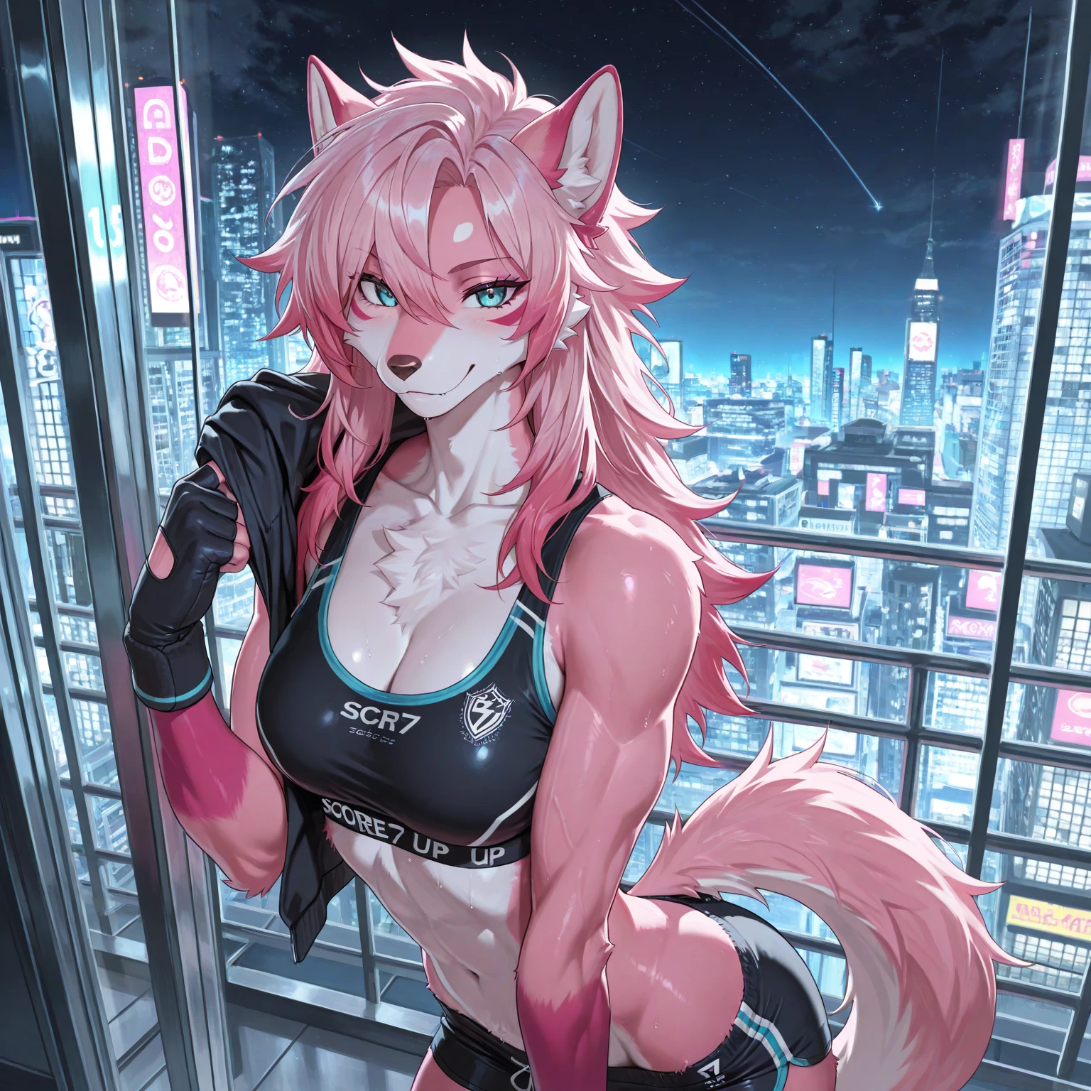 (Masterpiece) (High Detail) (High Res) A short petite humanoid girl with pale human skin, bright turquoise-coloured eyes, long pink hair in a braid and large fluffy pink dog ears and a big fluffy pink dog tail and average ???????. Pink Hair. Pink Tail. She is stood wearing a tight spandex suit like D.Va from Overwatch. The tight spandex suit is blue and pink. Pink hair. Pink Tail. D.va from overwatch.