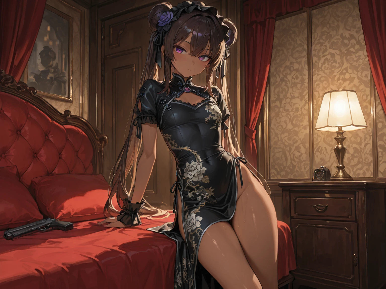 (((best quality))), ((ultra-detailed)), ((an extremely delicate and beautiful)), ((16k)), realistic, hd, cgi, gleaming hair, gleaming skin, gleaming dress, Character focus, solo, laying down pose, strong light coming in, sharp focus, illustration, game cg, anime, solo, curvy, (big breasts:1.3), forehead, ( white gold lining Chinese Lace Up Cheongsam Open Chest Bodycon Dress High Slit Qipao mini), faste collarbone, (belly:0.9), looking at the viewer, ocean, flower hair ornament, accessories, backlighting, shiny skin, shiny body, chibi, gloves, necklace, jewellery, black-brown hair, bead necklace, red faded into black colored hair, brown eyes, long hair, black bunny ears, red ombre hair, red-black hair, more yellow hair streaks, smaller dress, mommy goddess, looking back at the viewer