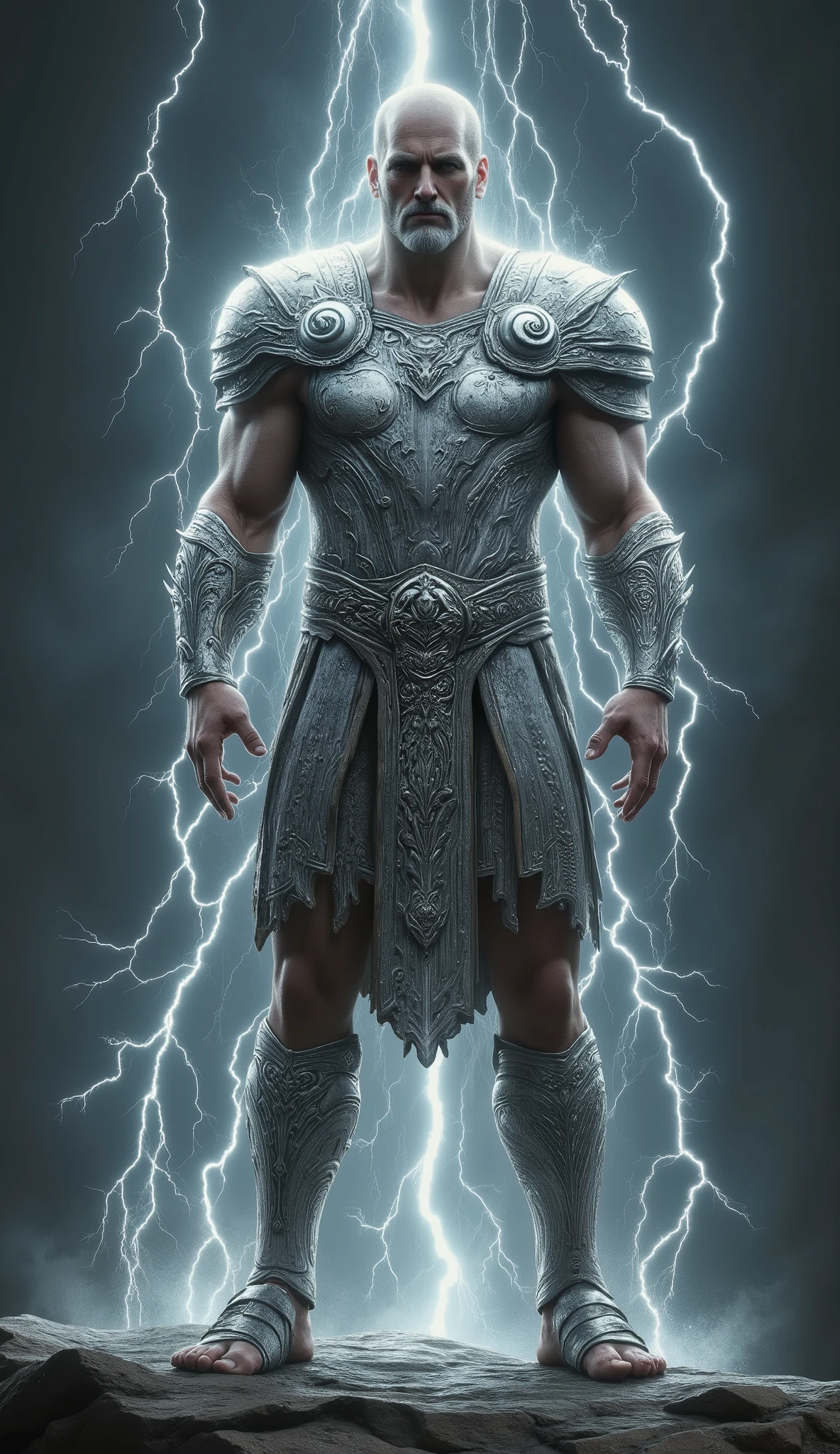 Zeus, lightning background, shining silver amor, skinny, slightlty baldness, moustache, sandal
