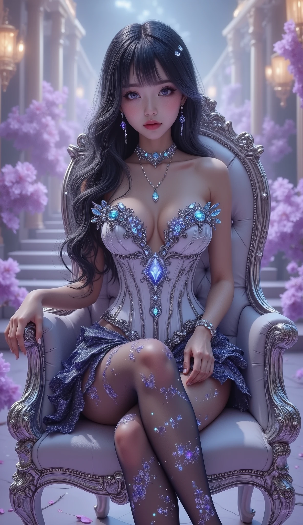 diambil dari bawah, 4K, very high detail, tekstur pakaian, a young Asian girl of 17 years old with a sweet face with a sweet appearance and white skin, tubuh tinggi, slim and small stomach, pinggang lebar, kostum berkilauan, long and sexy legs, and giant boobs. wearing a strapless V-cut dress with a deep cleavage batik motif that, formed by black diamonds very tight with intricate details, ruffle mini skirt and black nylon stockings with sexy high blue lace with galaxy pattern, socks reaching her crotch, she also wears high heels stilettos and with straps, purple high heels emit a shining light from her feet, reminiscent of fantasy style This piece features intricate details, including sparkling blue gemstones and elegant textures and blue light flashes that decorate her tight dress. the sparkling color of the dress adds a sense of fantasy, while her long black hair flows over her shoulders. walking in the wodden bridge studio shooting with golden light and cherry blossoms falling in the background, purple gemstones and plant decorations full body masterpiece, with background lights and shadows under her feet