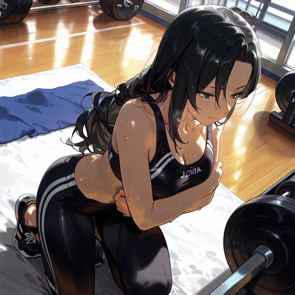 A woman dressed in black and white is kneeling on a wooden floor, Chun-Li at the gym, Beautiful anime girl squatting, Tifa lockhart, 4k anime wallpaper,  anime girl, Smooth anime CG art, fit girl, Tifa, beautiful digital artwork, ultra hd anime wallpaper, anime style 4k, Wojtek Füss