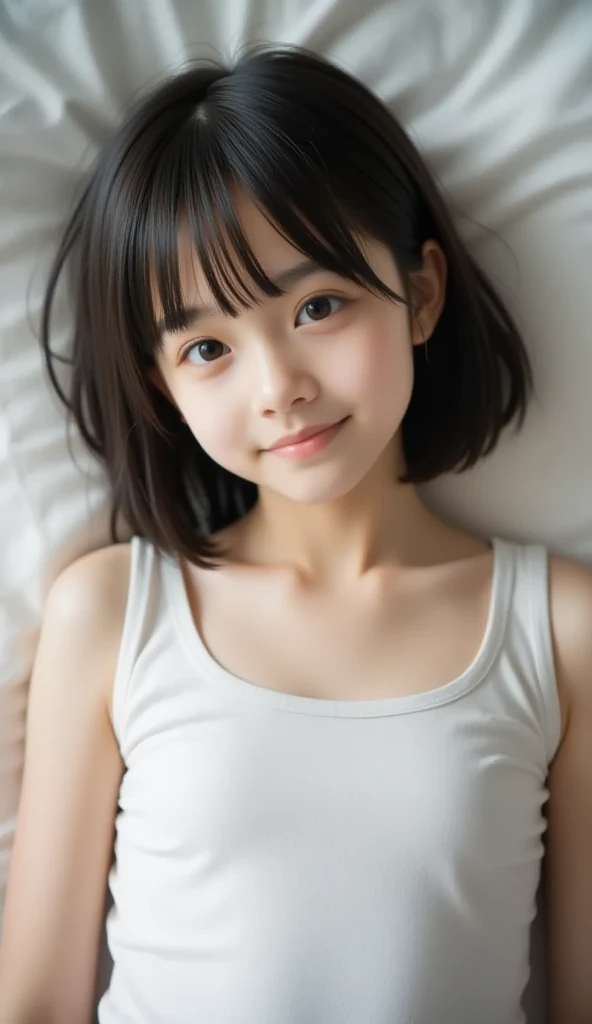 One girl, Fluffy short hair,Black Hair,smile, Tank top,Bed,Lying on your back,Big eyes,Innocence,5th grade elementary school,Look here,Small swelling in chest,, (masterpiece, Highest quality), Soft Light, Structure of the film, Like a movie