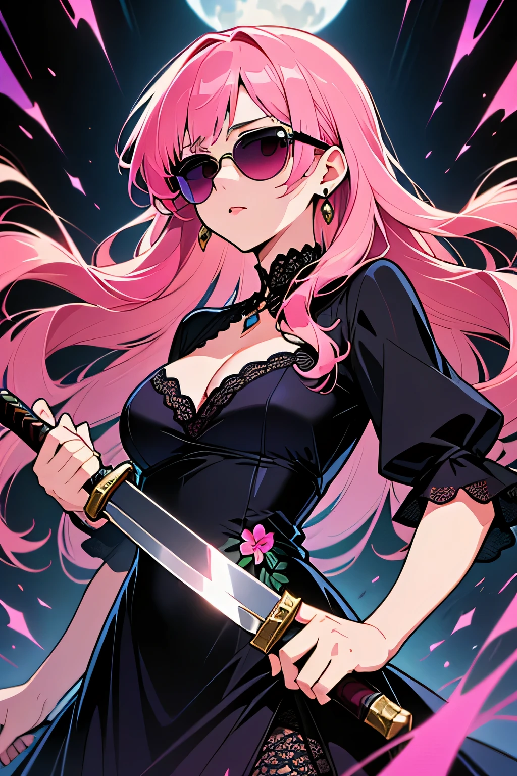 Luna Raynes (strong woman, long wavy multi-pink hair, petite bust) wearing (dark intricately designed dress adorned with lace and floral patterns, dark sunglasses) breaking though the chaotic background of swirling blends of blue and black tones, dramatic atmosphere, holding a knife