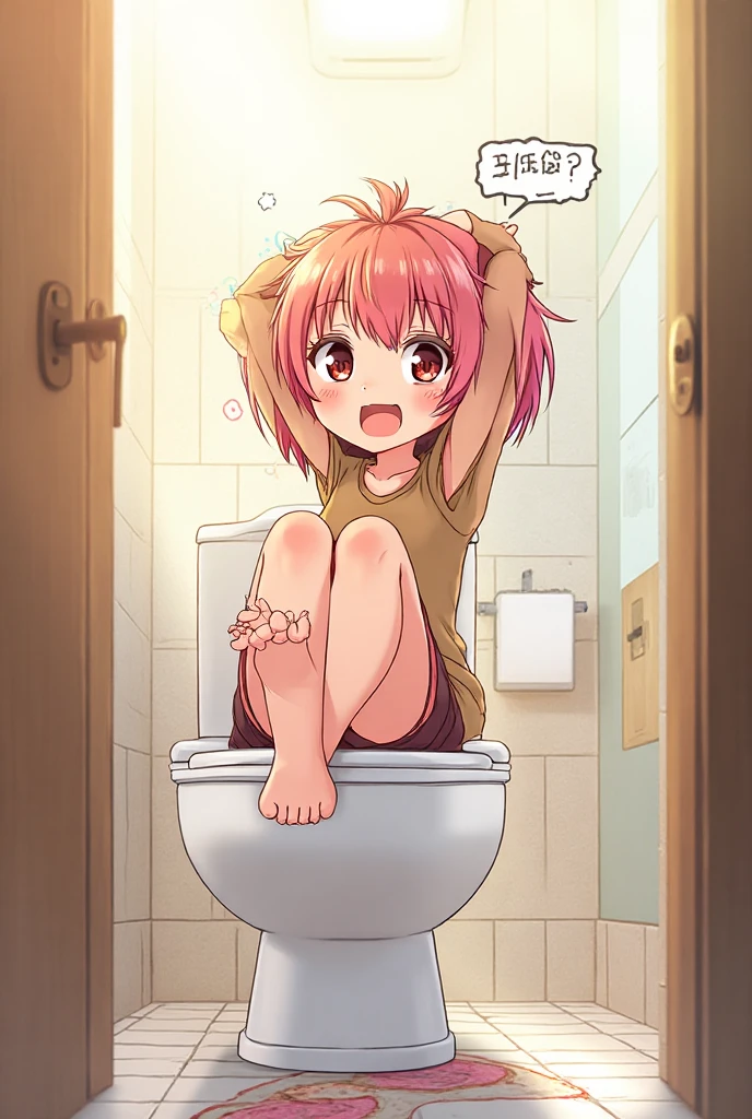 Pink, long hair, pink skirt, pink hoodie, pink background, pink = pastel pink, kawaii anime girl, sitting on toilet, lay off skirt and underwear, only one door, closed door, only one toilet, closed eyes, eyes closing, relaxed face, "not wearing underwear", underwear down to the feet, skirt down to the feet, "peeing inside the toilet", pee not comes out to the floor