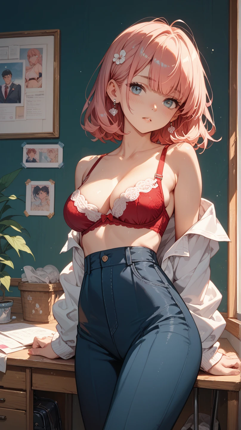 girl、((((１7 years old、high school student、big breasts))))((((((Change of clothes、while taking off clothes))))))、(((white lace panties and bra with ruffles::1.5)))、(milky pink hair：1.5)short bob hair:1.2 、((thick red glasses with small frames)) 、magenta eyes、[elf ears:0.７]、girlの可愛い部屋、curtain、window、bed、illumination、stuffed toy、formula art，Representative works，masterpiece、highest quality、official art、An illustration、High resolution, （(Upper body))（(bevel))（(from below))

