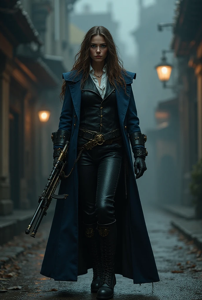 circa 1880s full length western cowboy woman, long brown ponytail, brown eyes, high arched eyebrows, long graceful neck, red lips, large , tight brown leather pants, long leather coat, leather boots, desolate desolate American small town dusty walks on a sandy street, (realistic, photorealistic, photorealistic:1.37 ), horror, dark and gloomy atmosphere with dramatic lighting, dull reddish colors, Foggy environment, detailed  expressions, Horrible fog