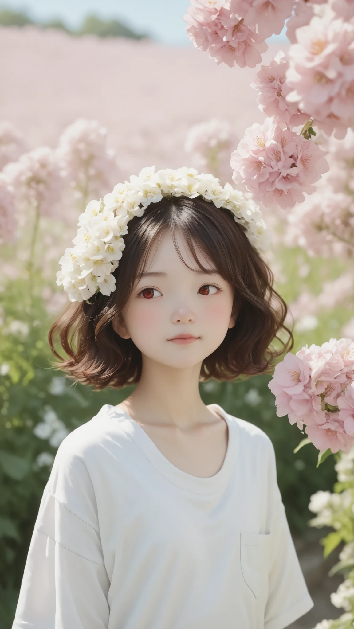 (masterpiece, top quality:1.2), japanese、ONE GIRL, 12 years old, cute, No expression, Alone, small nose, Red cheeks and nose, 非常にcute表情, Short Bob,Wavy hair under nails、 flat chest with lava on the body、whiteＴshirt、Blurry Background、garden、Promenade、field of flowers