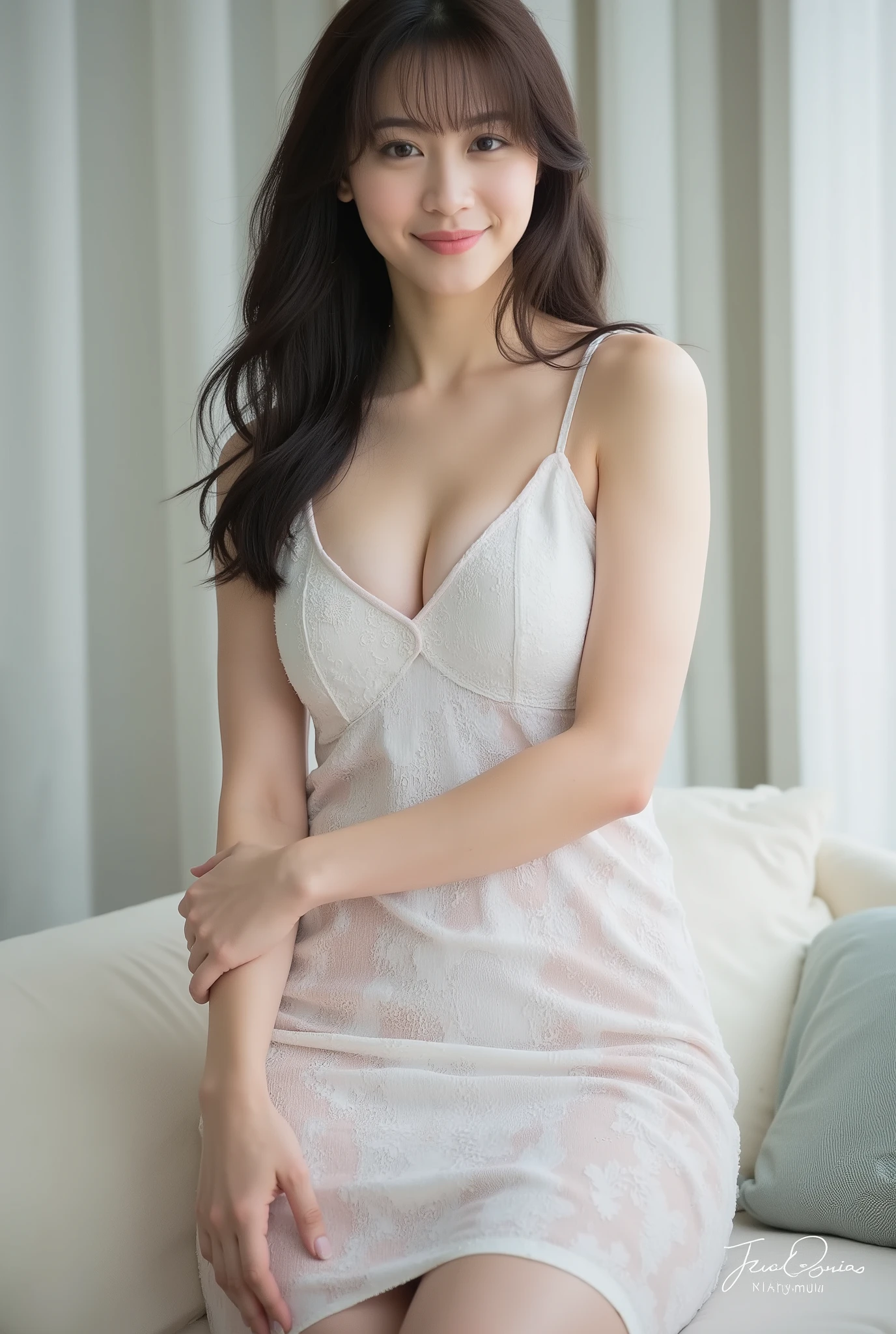 realistic like the picture,form-fitting casual one-piece dress、 perfect body, upturned ,  NORMAL GIRL、model pose、smiling and looking at the camera,Reproduces even the smallest details、stick out your butt、lean forward、Clear chest、A fresh breeze is blowing、Expressing the fine details of the costume fabric、Healthy beauty、healthy skin color