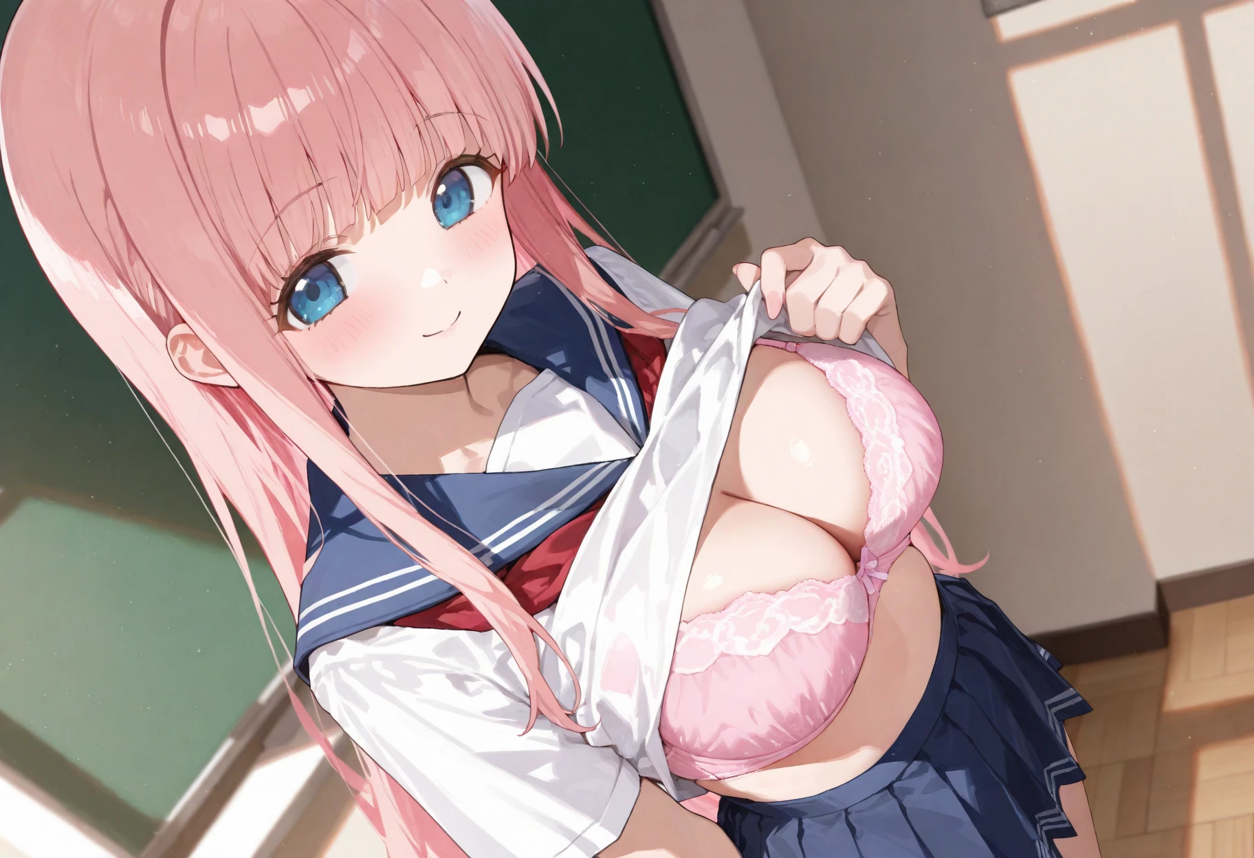 1girl,nsfw,((masterpiece)),huge filesize,(hyper realism, soft light, dramatic light, sharp, ray tracing,hdr:1.1),wallpaper,game cg,(best quality),(pussy),pussy juice,(nude),kawaii,multicolored hair,hair flower,ahoge,blush,pink eyes,green eyes,heterochromia,big breasts,breasts apart,cleavage,areola,nipples,school_uniform,serafuku,japanese_clothes,sailor_dress,loafers,skirt lift,clothes pull,lifted by self,undressing,black thighhighs,library,book,bookshelf,smile,kind_smile,sitting,spread legs,wide_shot,full_shot,looking_at_viewer,eye-contact,eyeball,stare,